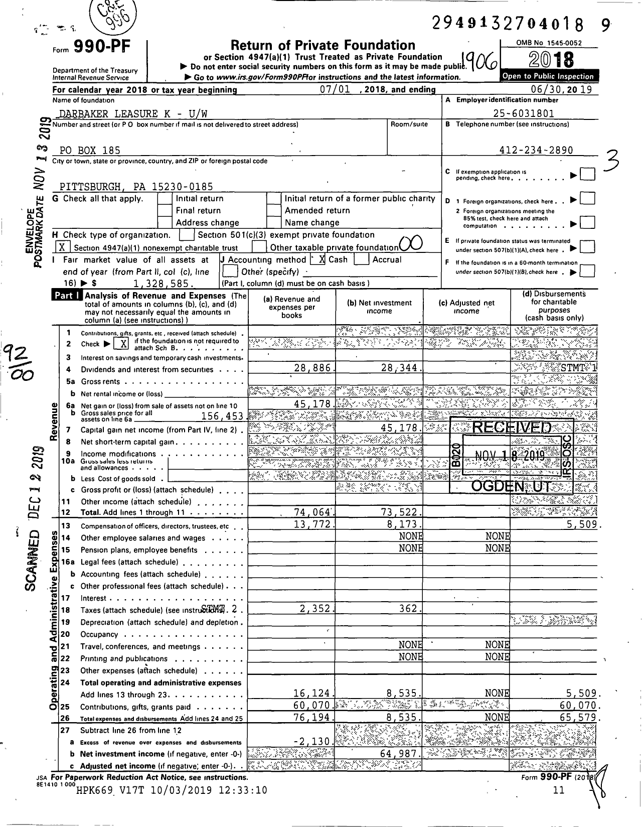 Image of first page of 2018 Form 990PF for Darbaker Leasure K - K-Uw