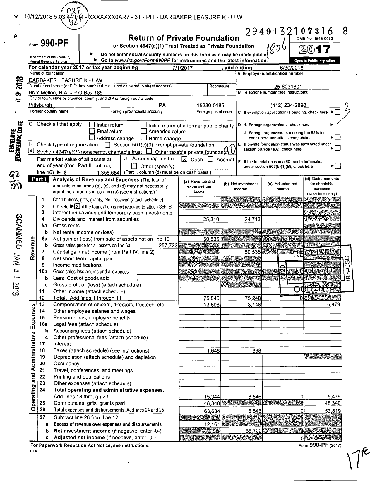 Image of first page of 2017 Form 990PF for Darbaker Leasure K - K-Uw