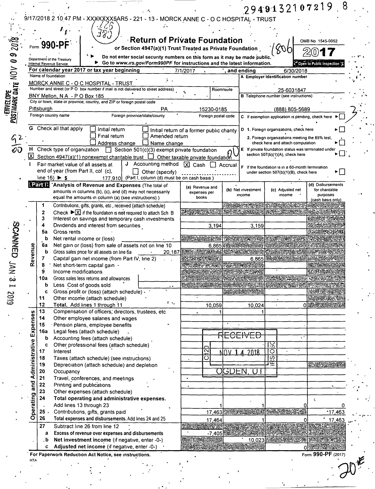 Image of first page of 2017 Form 990PF for Morck Anne C - O C Hospital - Trust