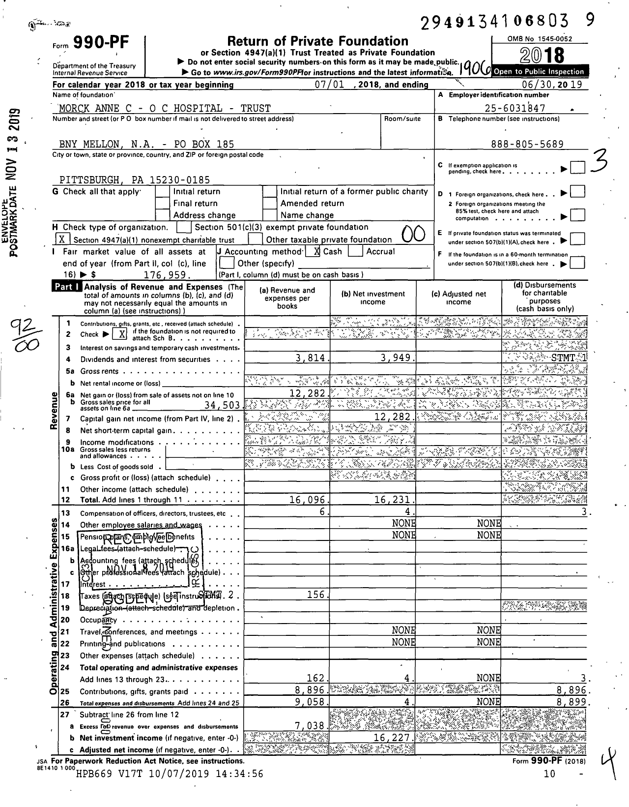 Image of first page of 2018 Form 990PF for Morck Anne C - O C Hospital - Trust