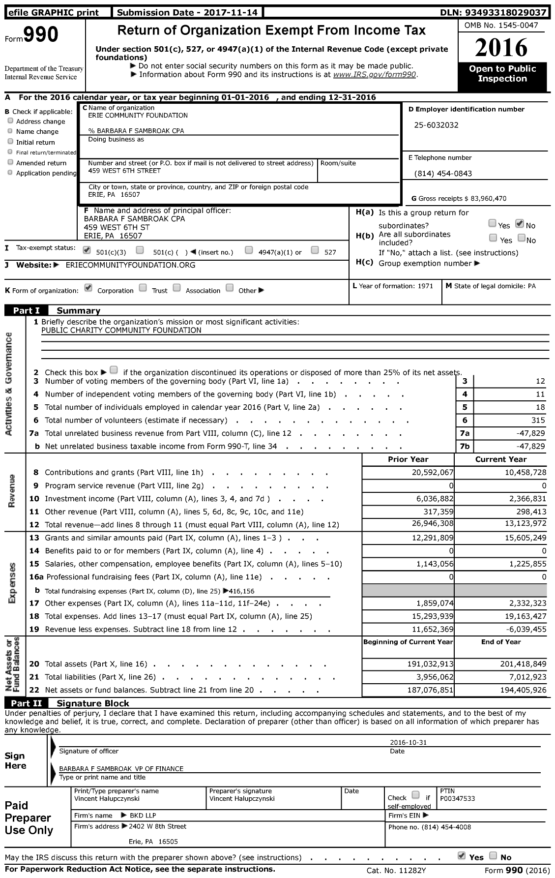 Image of first page of 2016 Form 990 for Erie Community Foundation