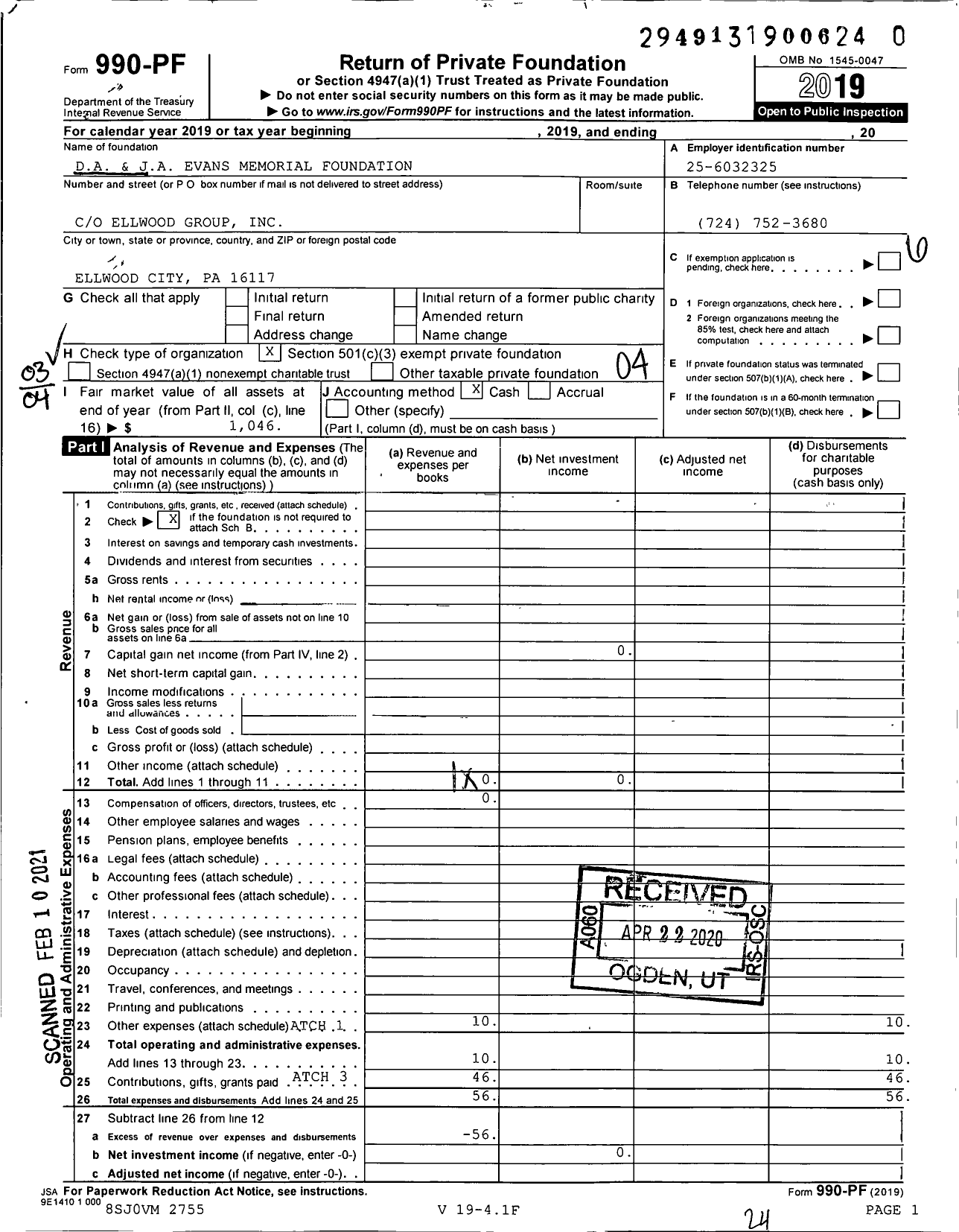 Image of first page of 2019 Form 990PF for Da and Ja Evans Memorial Foundation