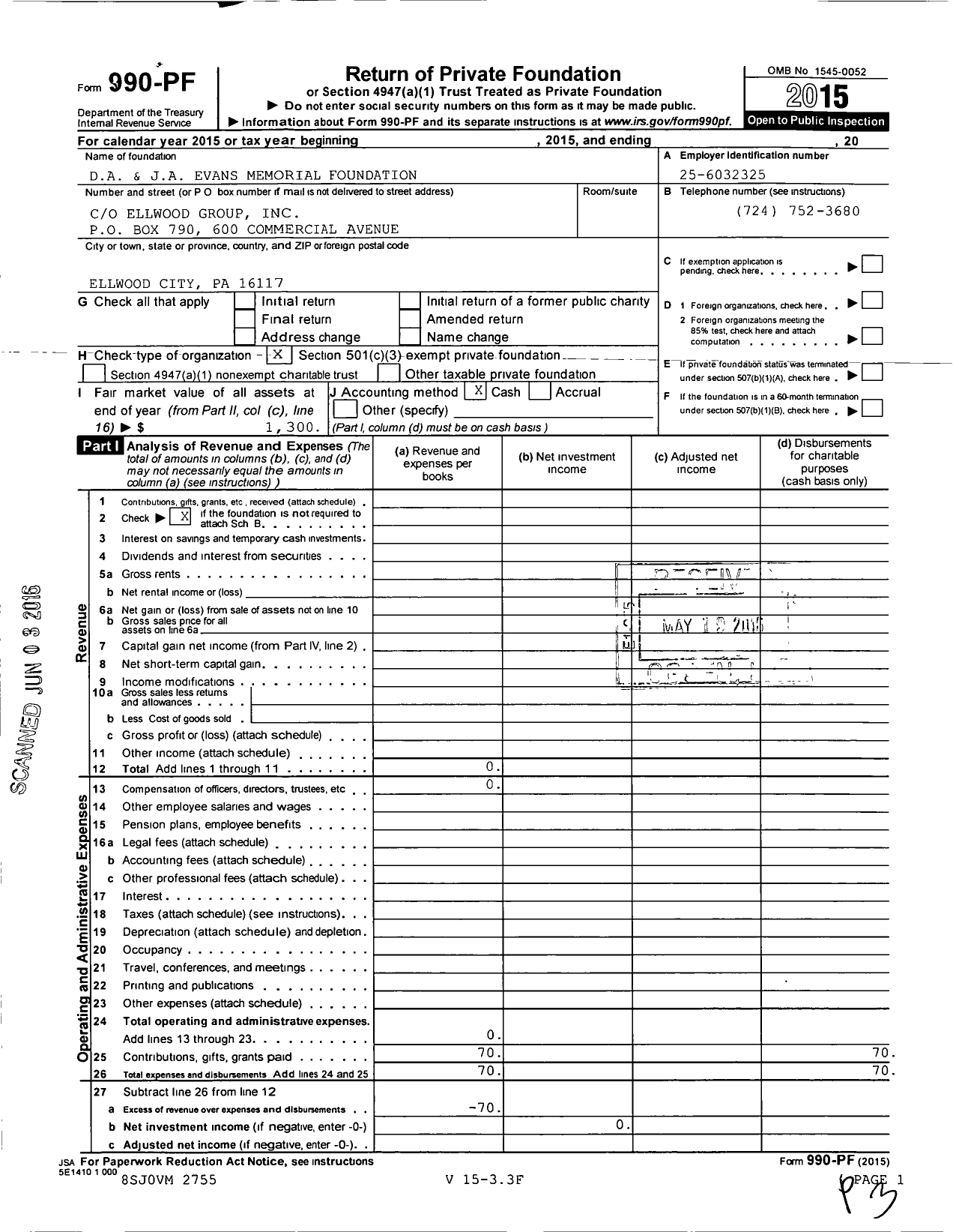 Image of first page of 2015 Form 990PF for Da and Ja Evans Memorial Foundation