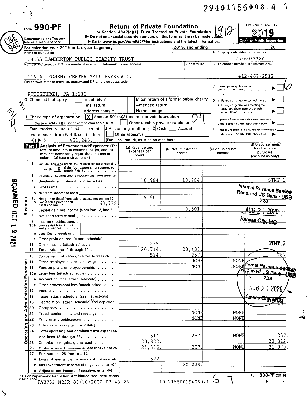 Image of first page of 2019 Form 990PF for Lamberton Chess Private Foundation