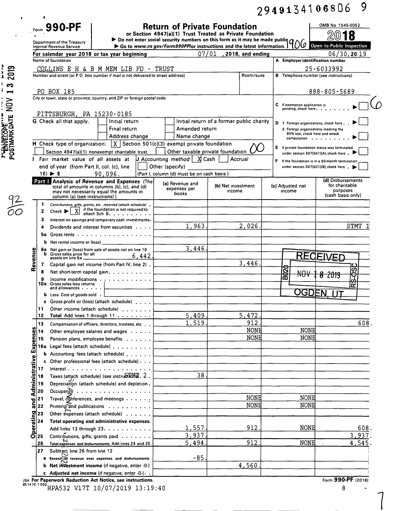 Image of first page of 2018 Form 990PF for Collins E H and B M Mem Lib FD - Trust