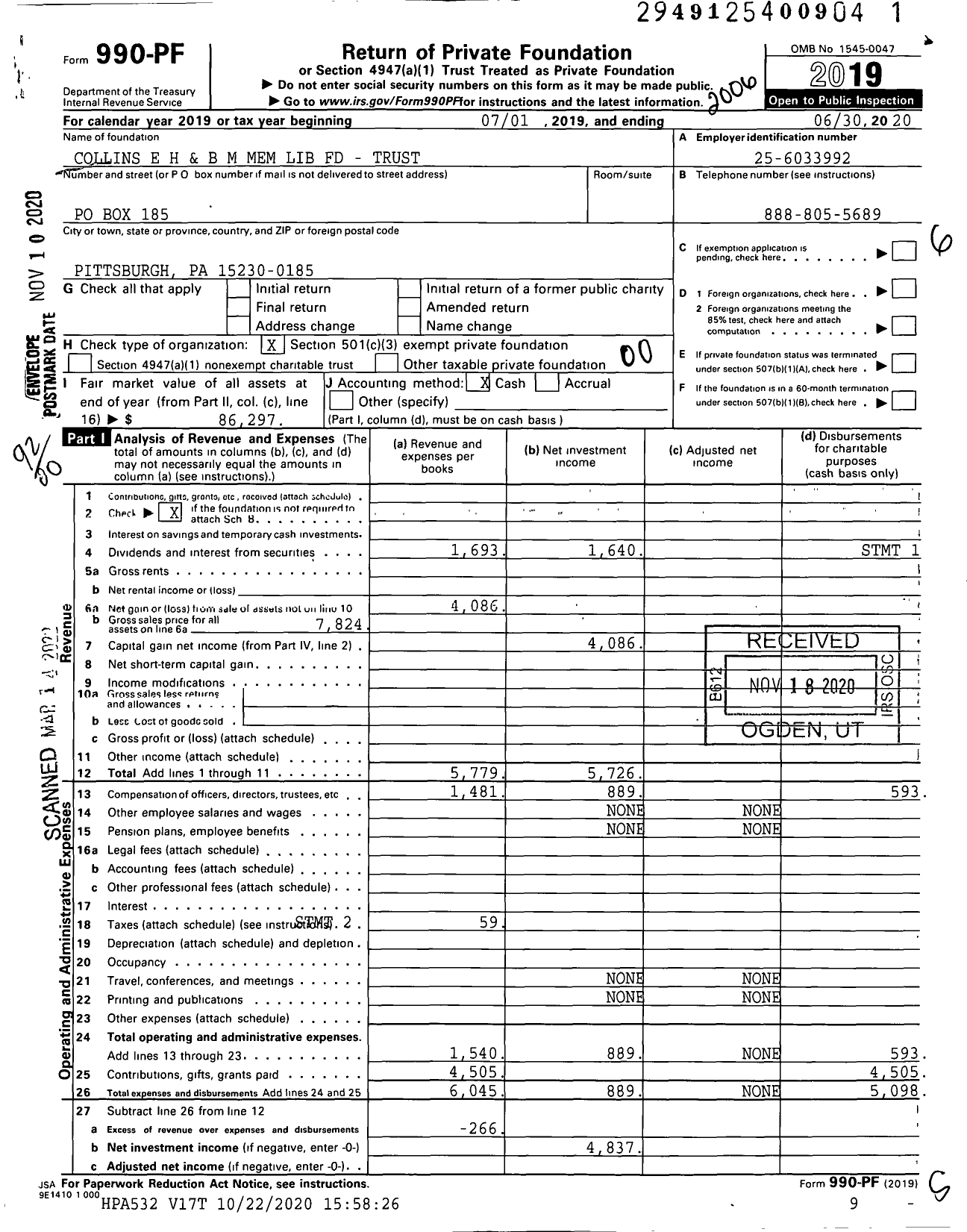 Image of first page of 2019 Form 990PF for Collins E H and B M Mem Lib FD - Trust