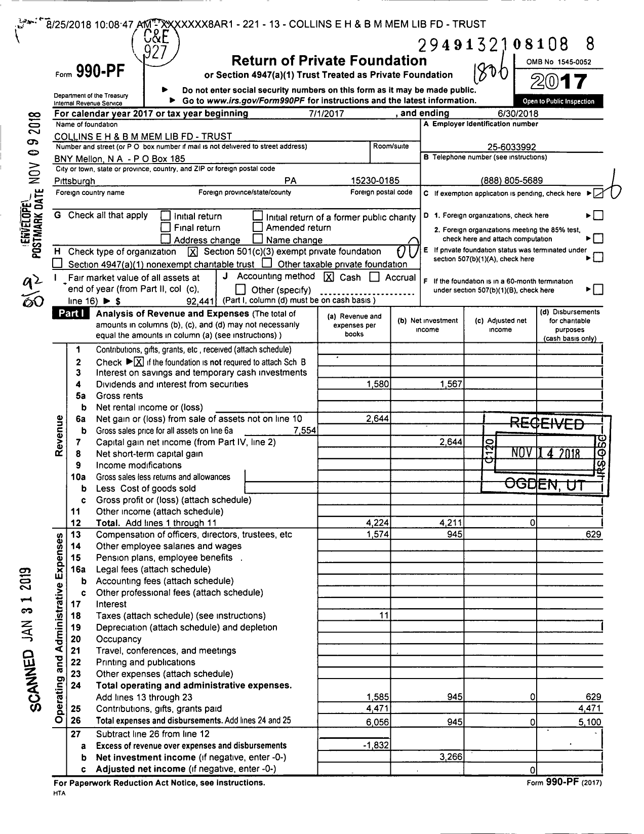 Image of first page of 2017 Form 990PF for Collins E H and B M Mem Lib FD - Trust