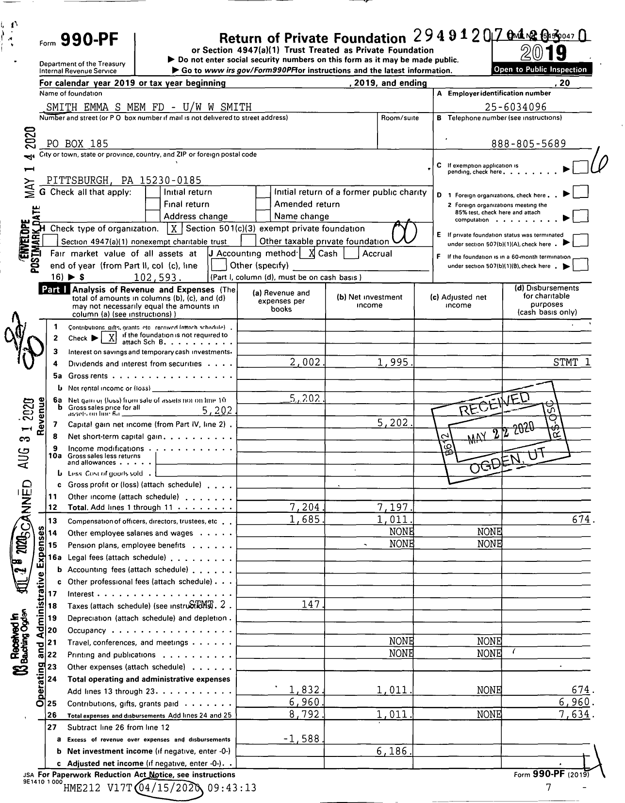 Image of first page of 2019 Form 990PR for Smith Emma S Mem FD - Uw W Smith