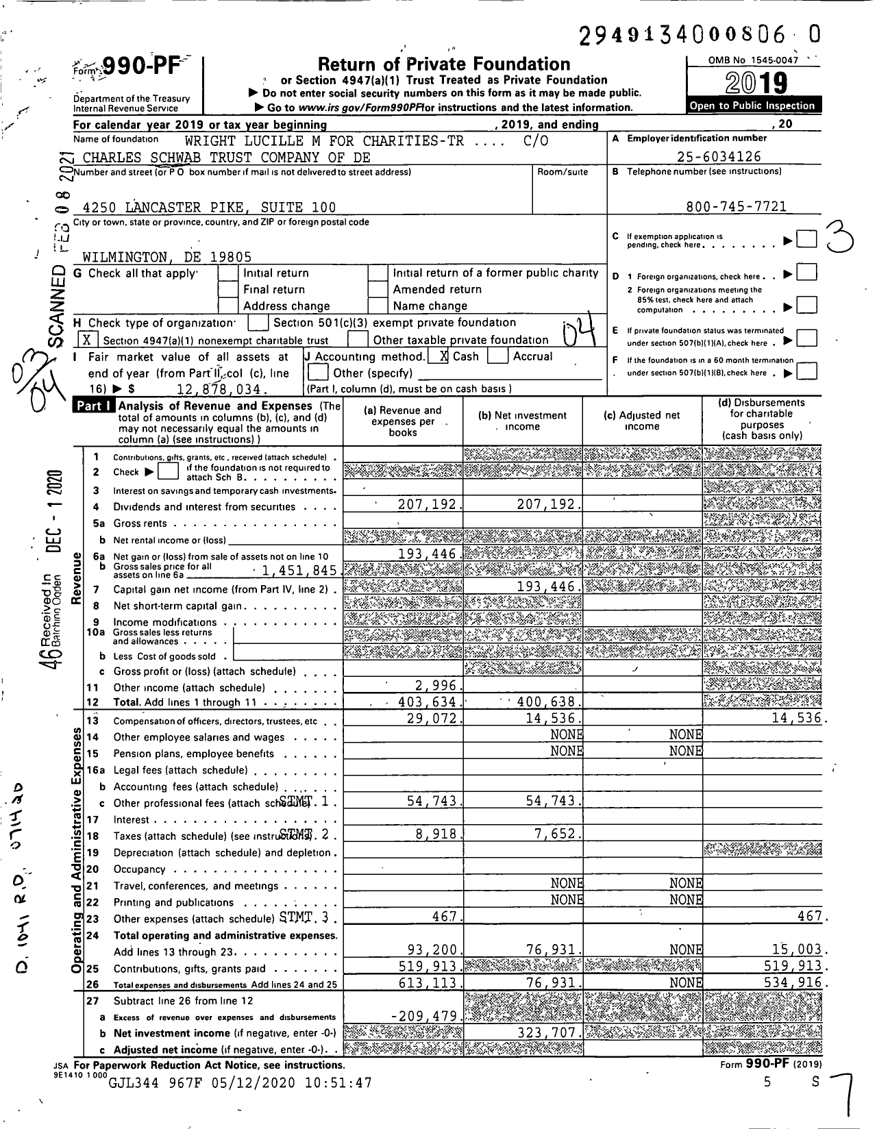 Image of first page of 2019 Form 990PF for Wright Lucile Miller Trust