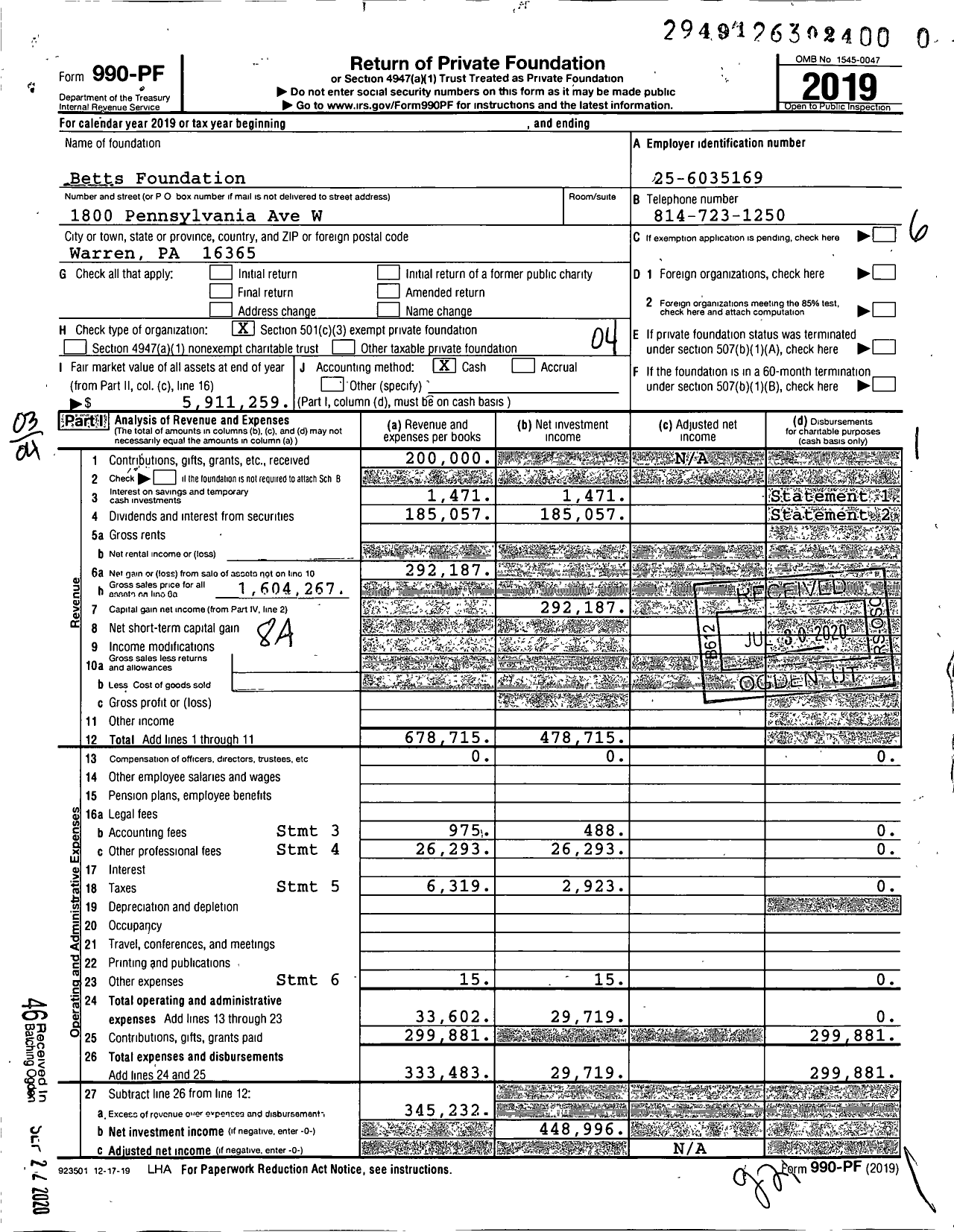 Image of first page of 2019 Form 990PF for Betts Foundation