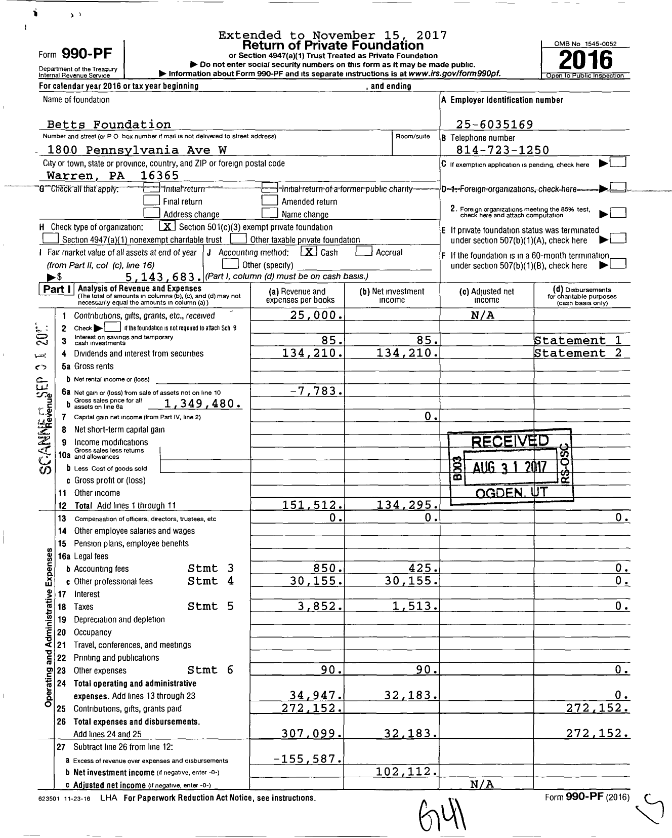 Image of first page of 2016 Form 990PF for Betts Foundation