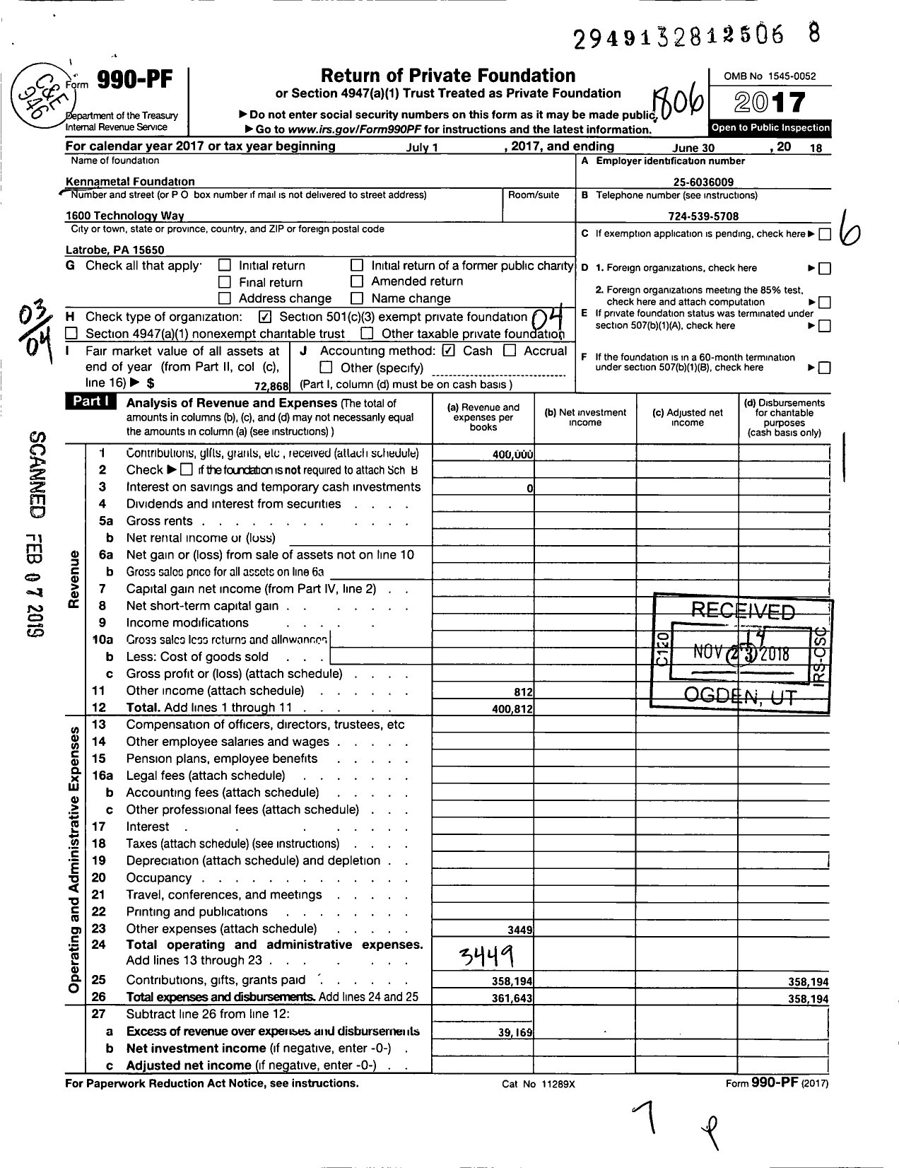 Image of first page of 2017 Form 990PF for Kennametal Foundation