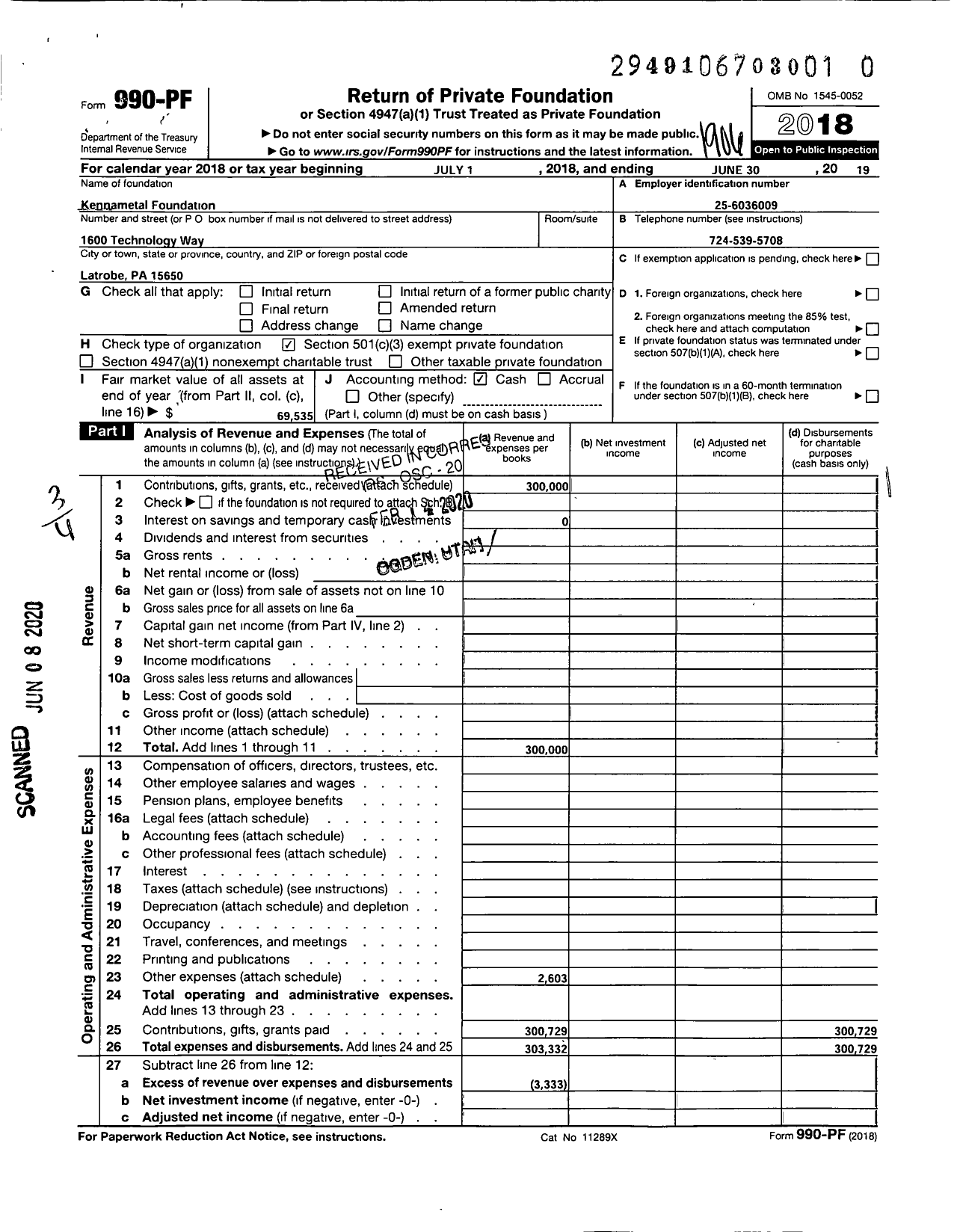 Image of first page of 2018 Form 990PR for Kennametal Foundation