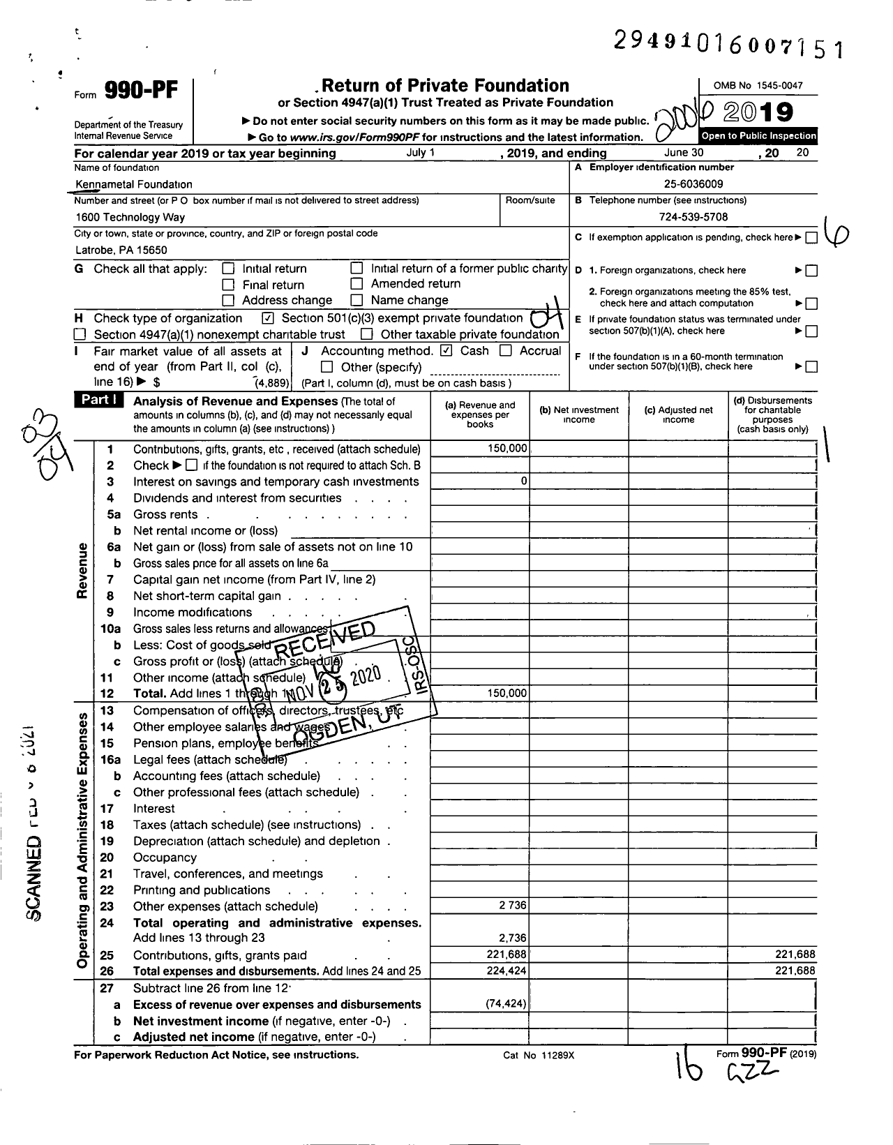 Image of first page of 2019 Form 990PF for Kennametal Foundation