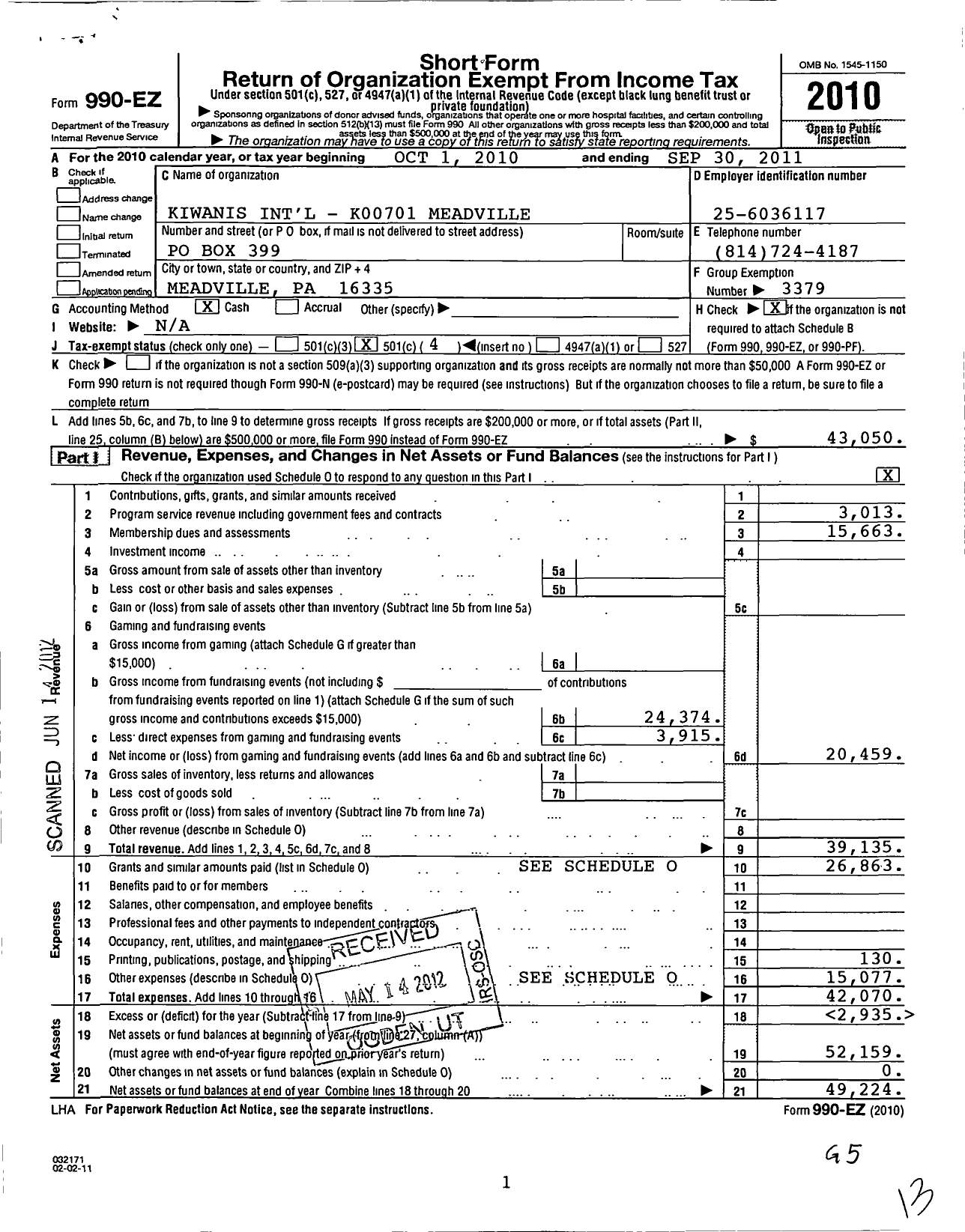 Image of first page of 2010 Form 990EO for Kiwanis International - K00701 Meadville