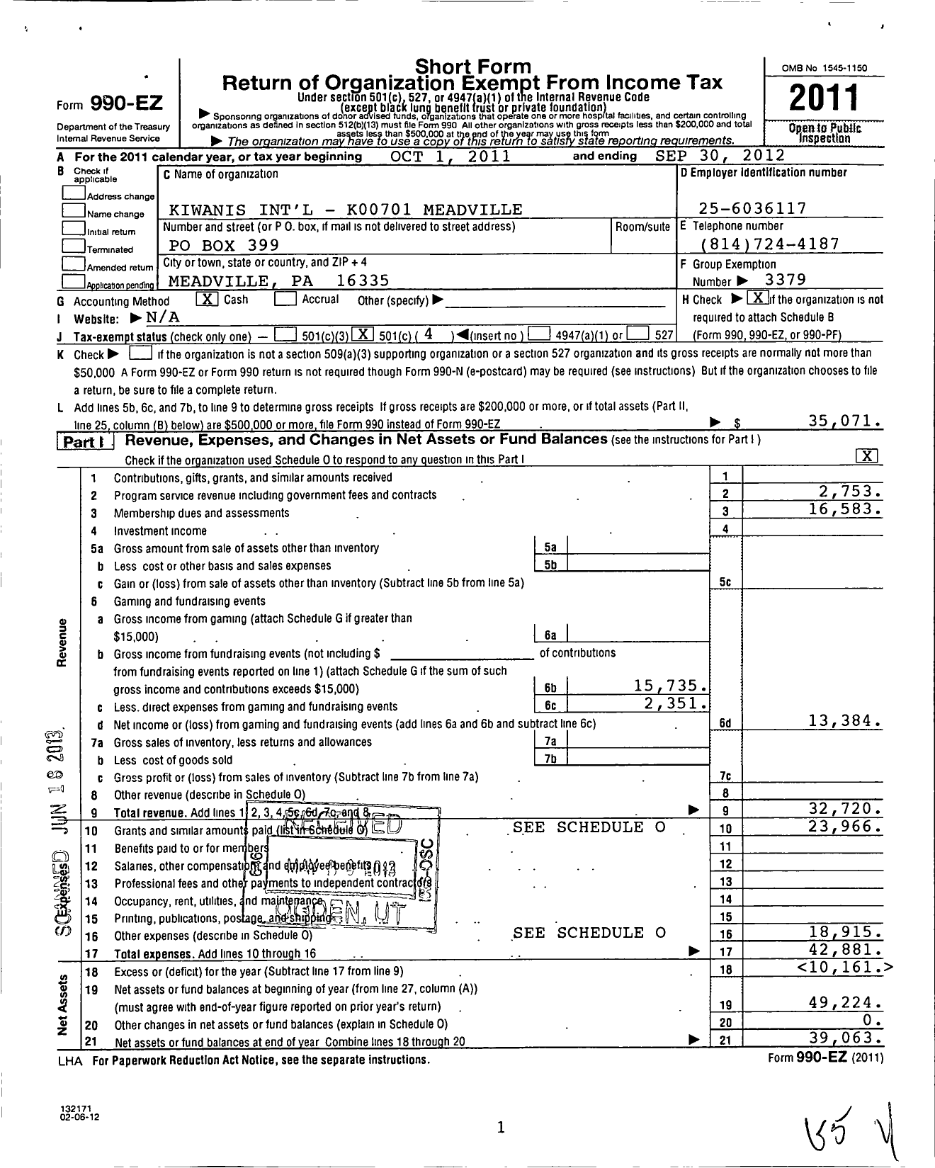 Image of first page of 2011 Form 990EO for Kiwanis International - K00701 Meadville