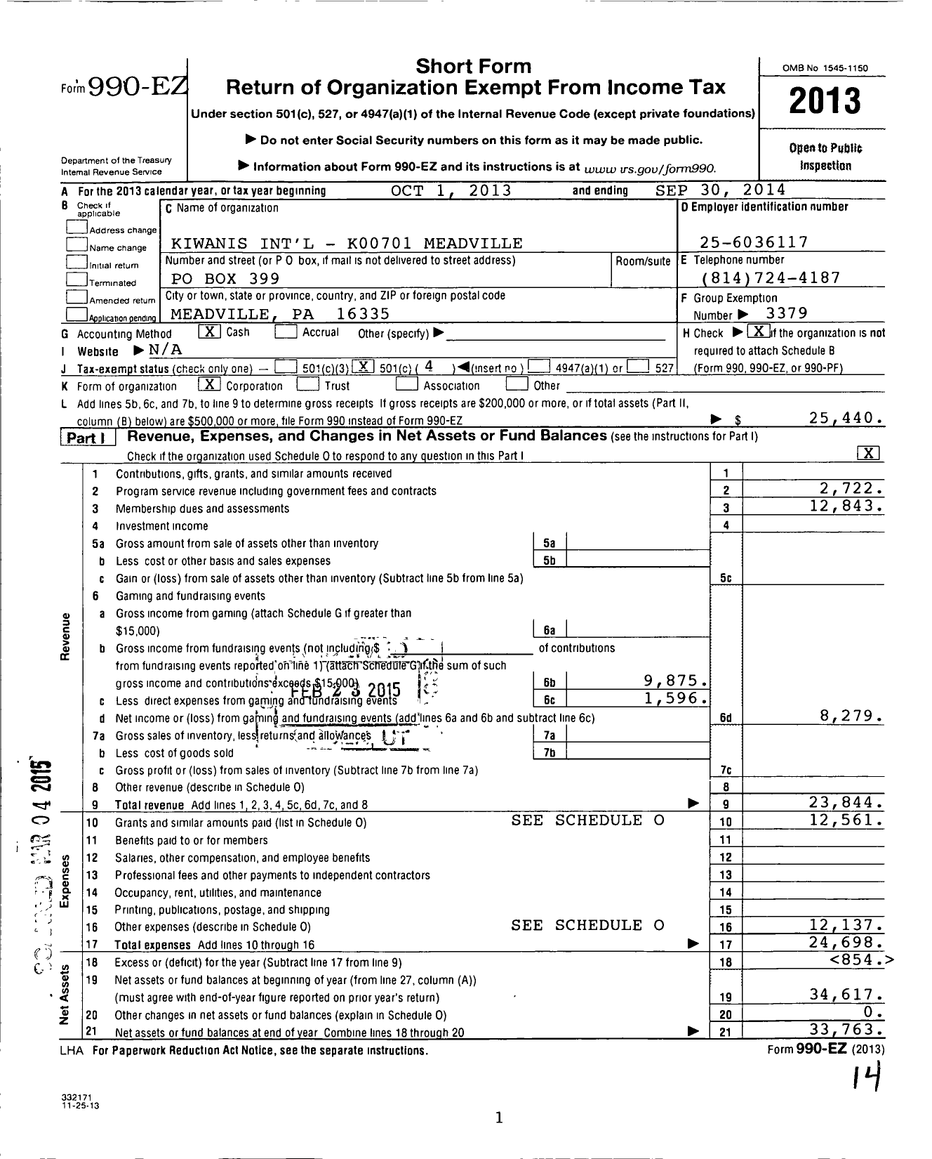 Image of first page of 2013 Form 990EO for Kiwanis International - K00701 Meadville