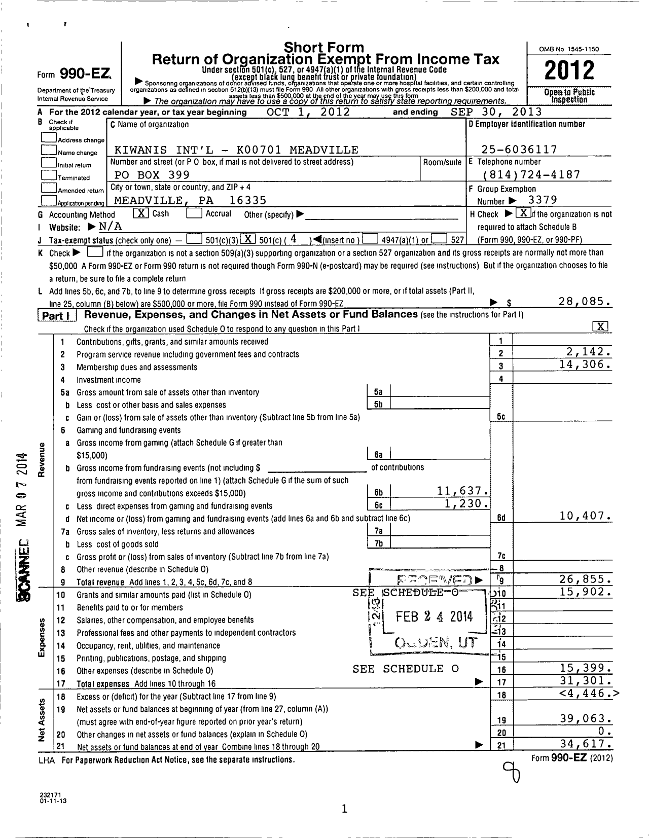 Image of first page of 2012 Form 990EO for Kiwanis International - K00701 Meadville