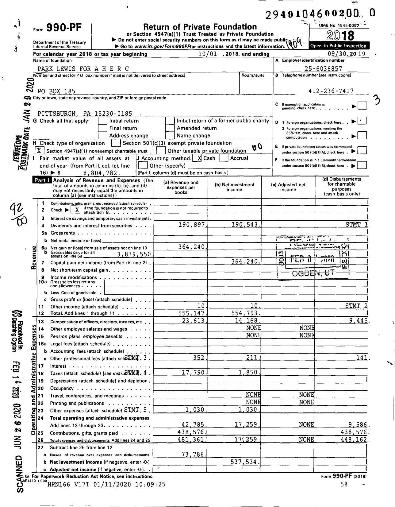 Image of first page of 2018 Form 990PR for Park Lewis for A H E R C