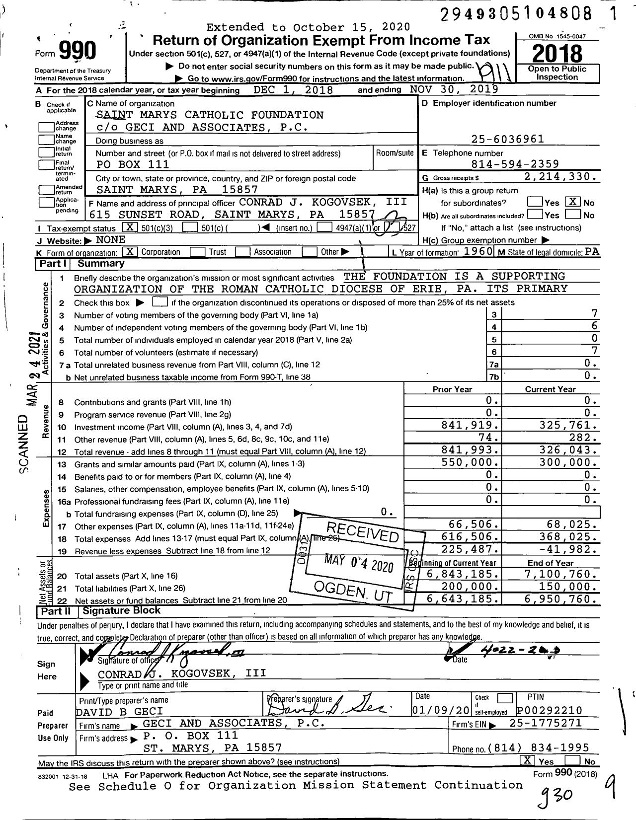 Image of first page of 2018 Form 990 for St Marys Catholic Foundation