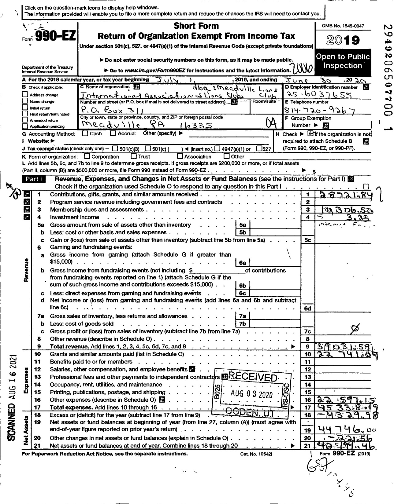 Image of first page of 2019 Form 990EO for Lions Clubs - Meadville Lions Club