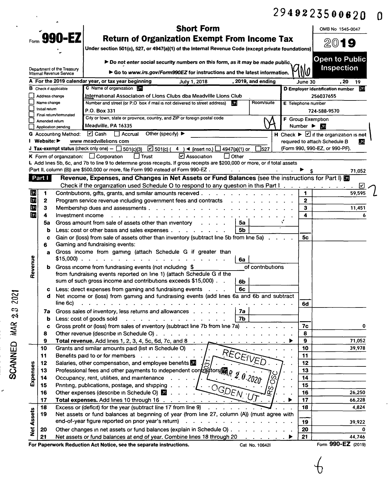 Image of first page of 2018 Form 990EO for Lions Clubs - Meadville Lions Club