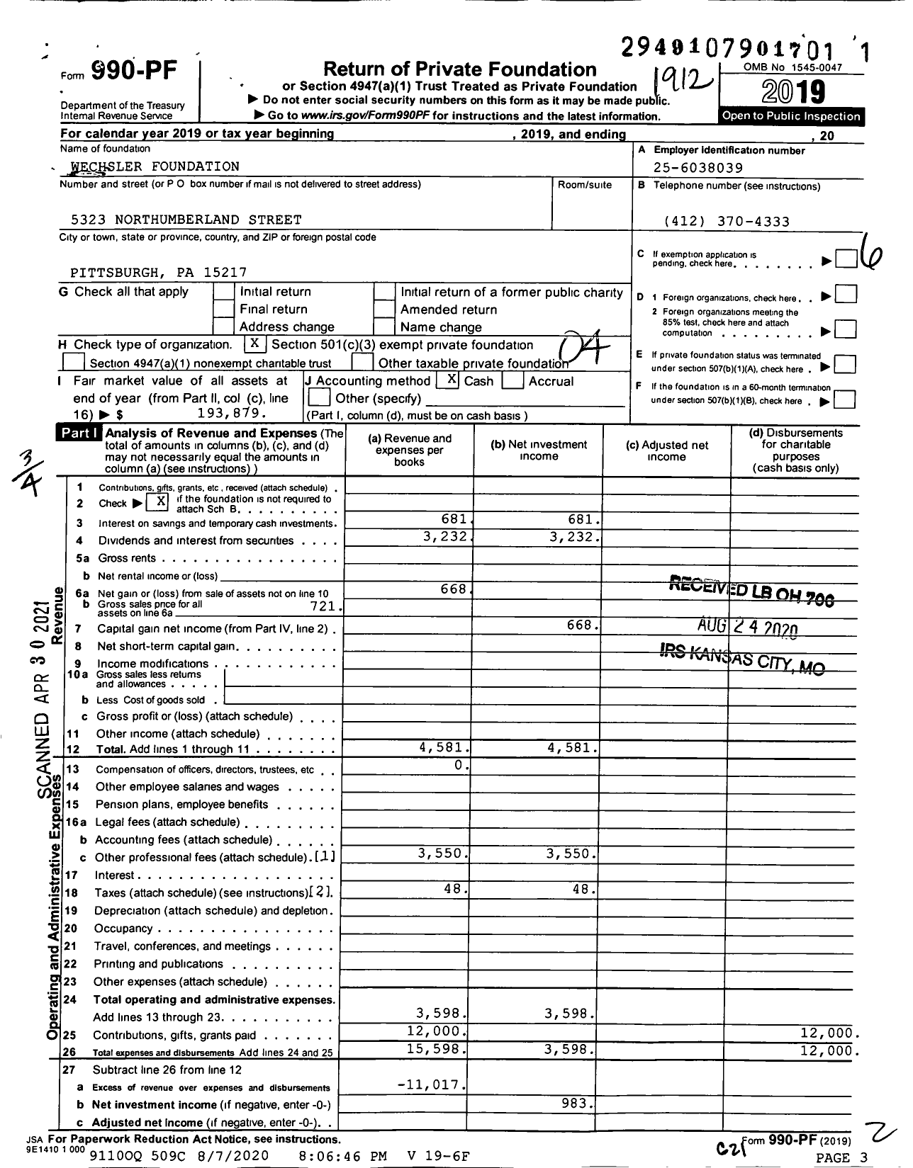 Image of first page of 2019 Form 990PF for Wechsler Foundation