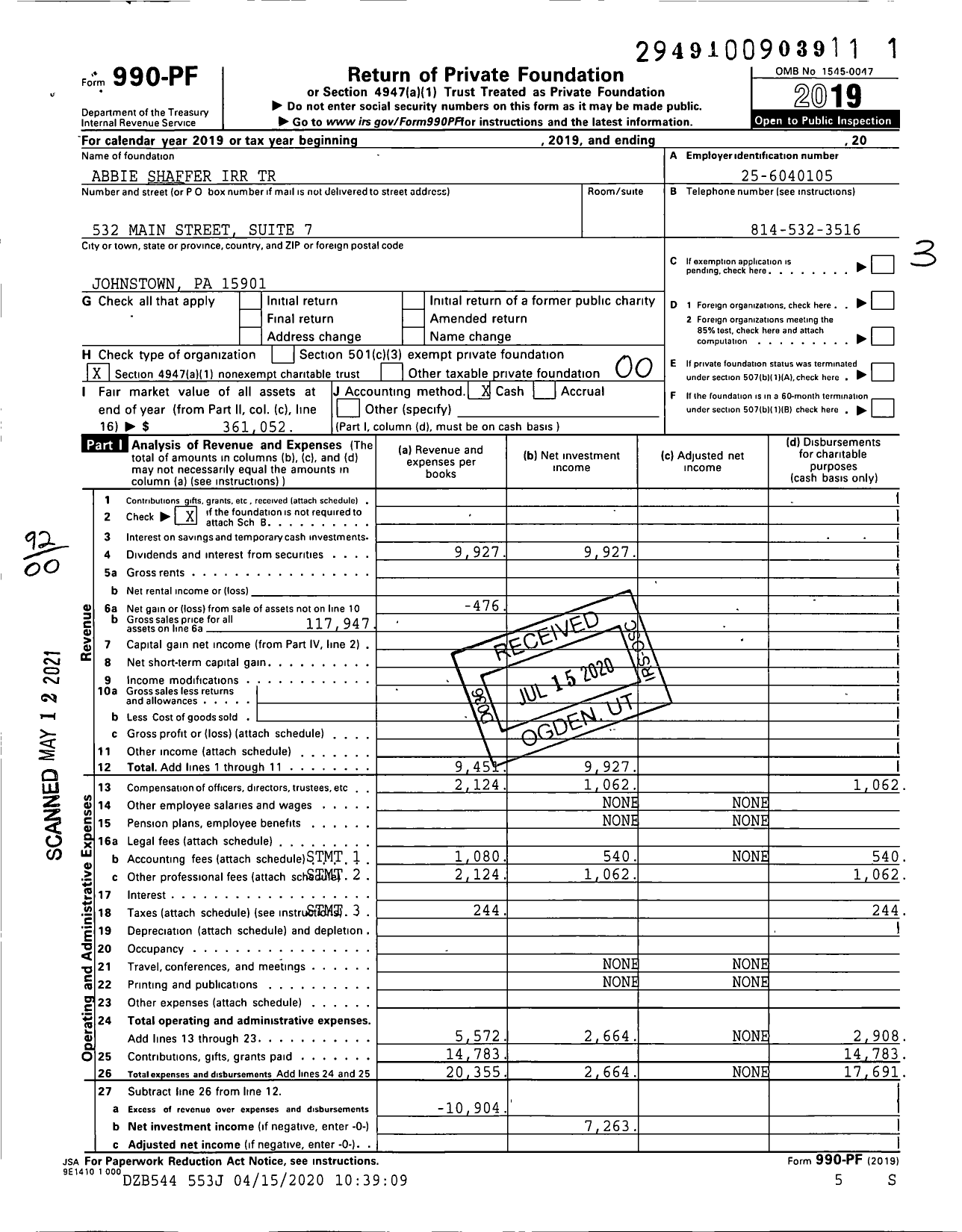 Image of first page of 2019 Form 990PF for Abbie Shaffer Irr Trust