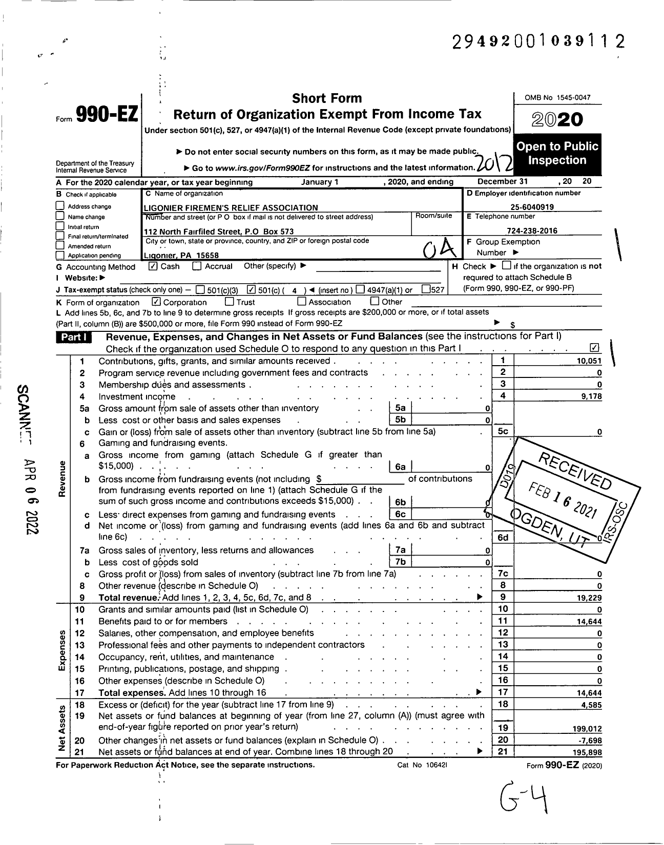 Image of first page of 2020 Form 990EO for Ligonier Firemen's Relief Association