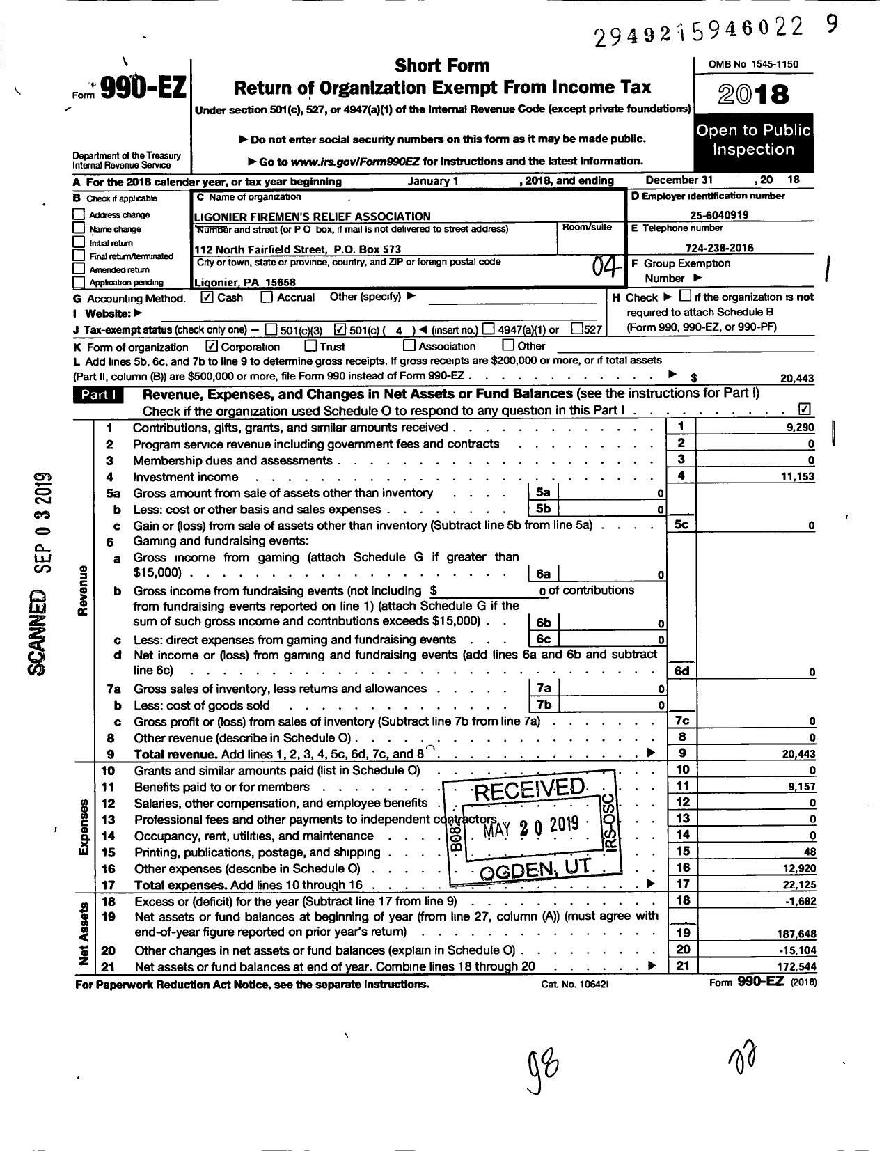 Image of first page of 2018 Form 990EO for Ligonier Firemen's Relief Association