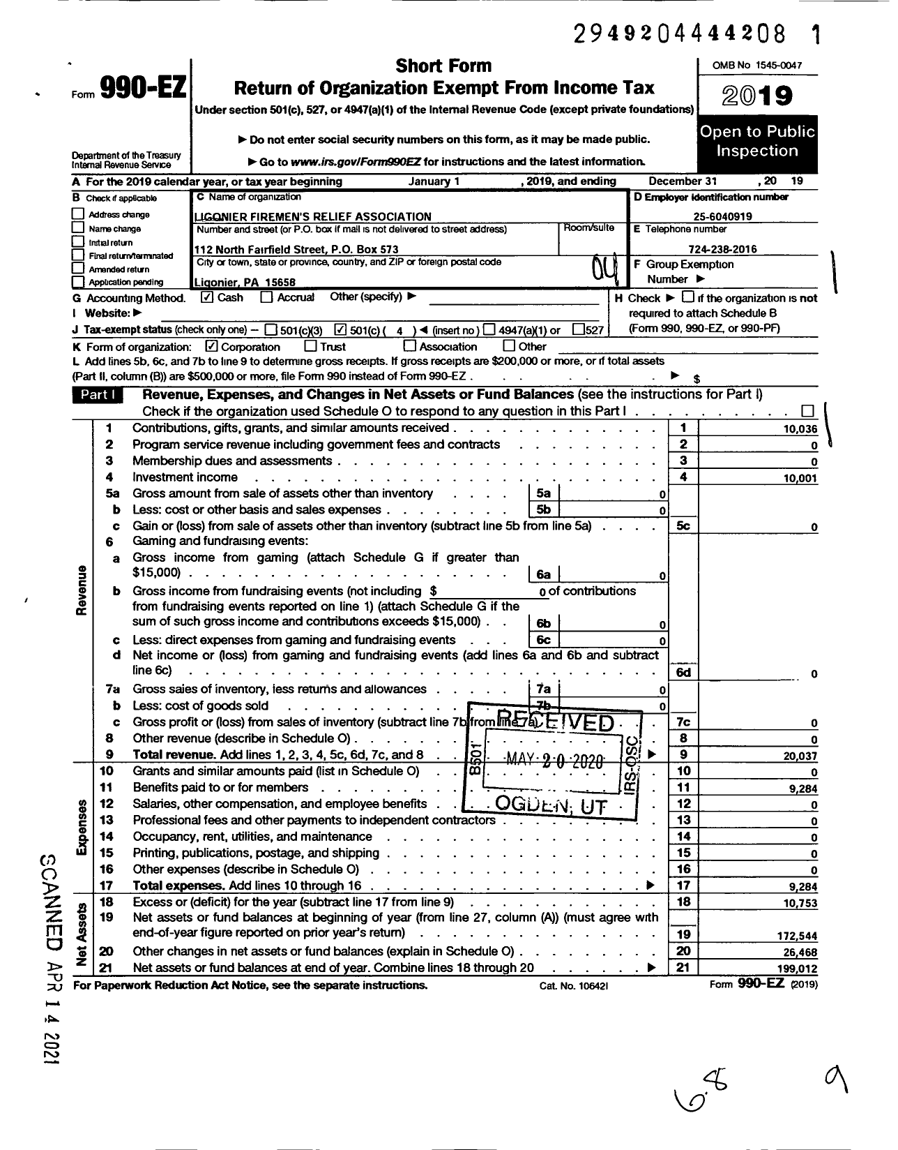 Image of first page of 2019 Form 990EO for Ligonier Firemen's Relief Association