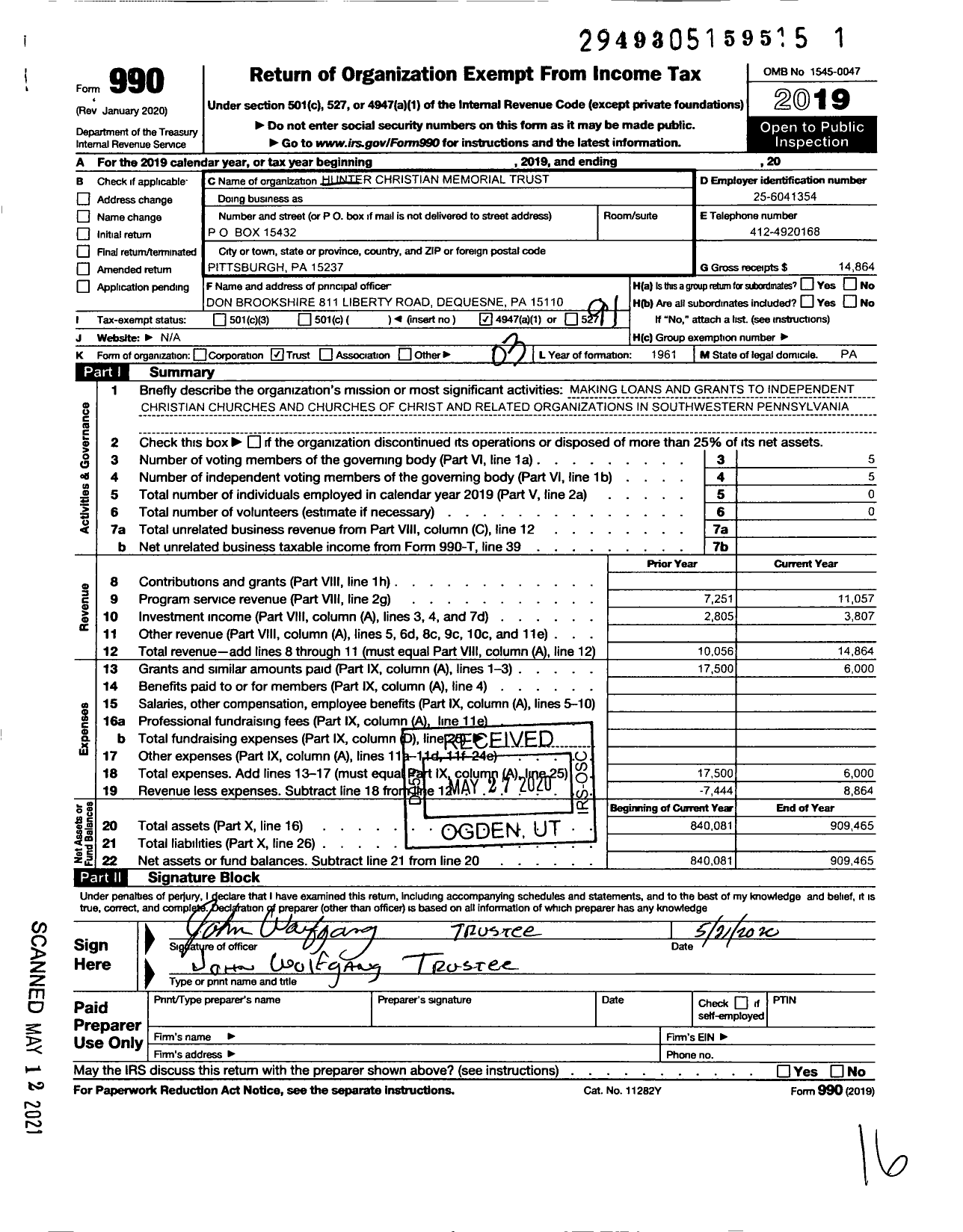 Image of first page of 2019 Form 990O for Hunter Christian Memorial Trust