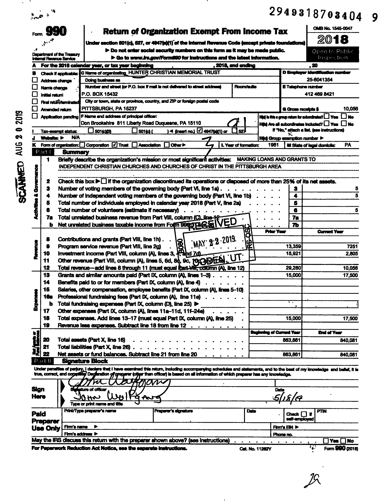 Image of first page of 2018 Form 990O for Hunter Christian Memorial Trust
