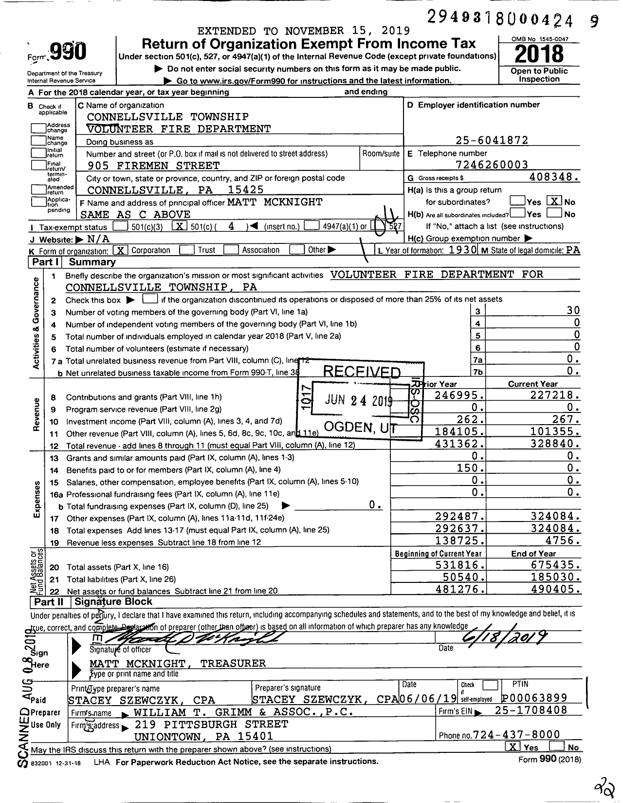 Image of first page of 2018 Form 990O for Connellsville Township Volunteer Fire Department