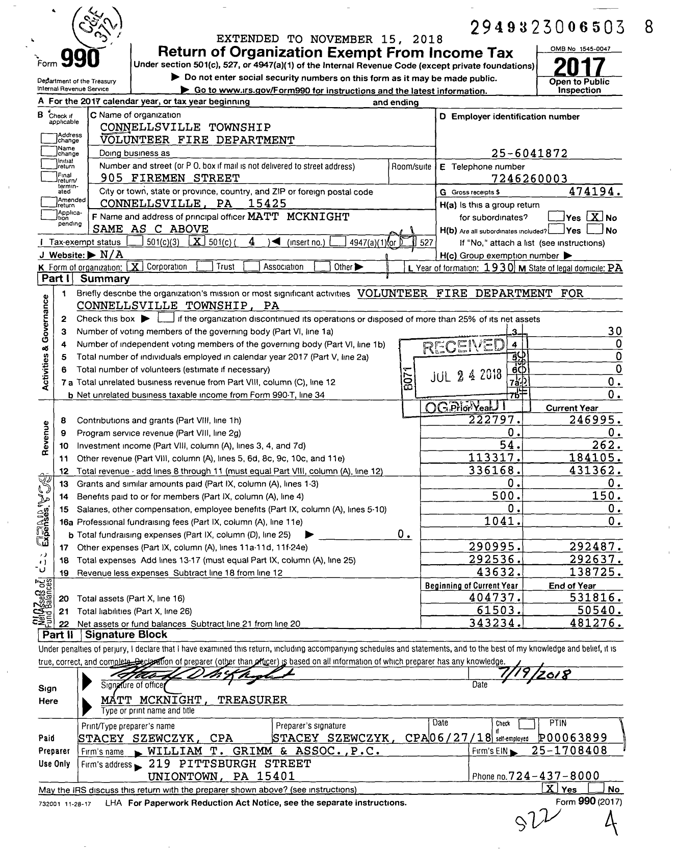 Image of first page of 2017 Form 990O for Connellsville Township Volunteer Fire Department