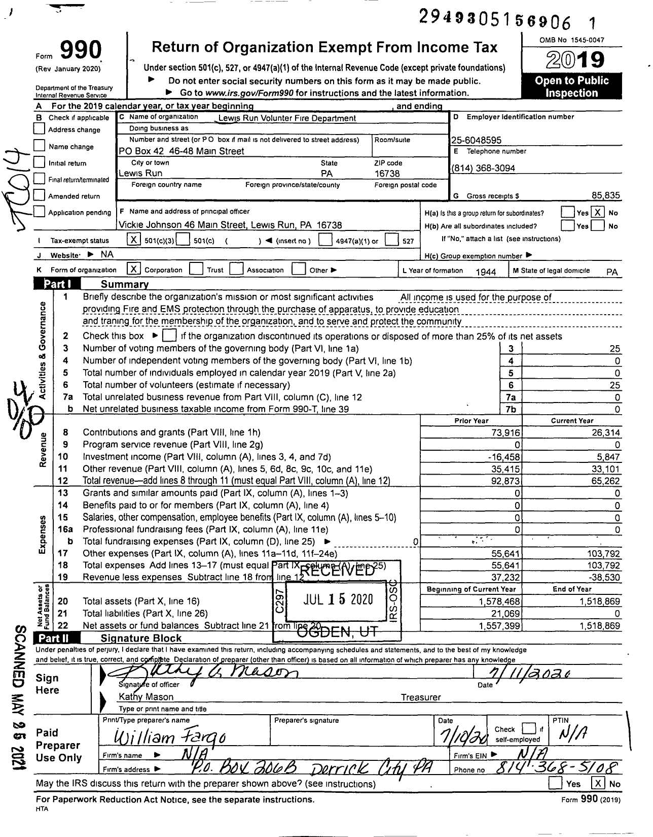 Image of first page of 2019 Form 990O for Lewis Run Volunteer Fire Department