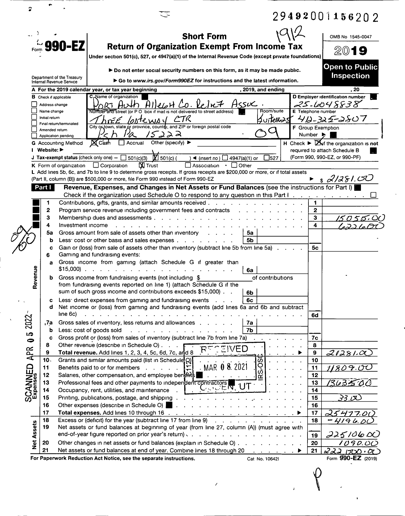 Image of first page of 2019 Form 990EO for Port Auth Allegheny County Empl Relief Association