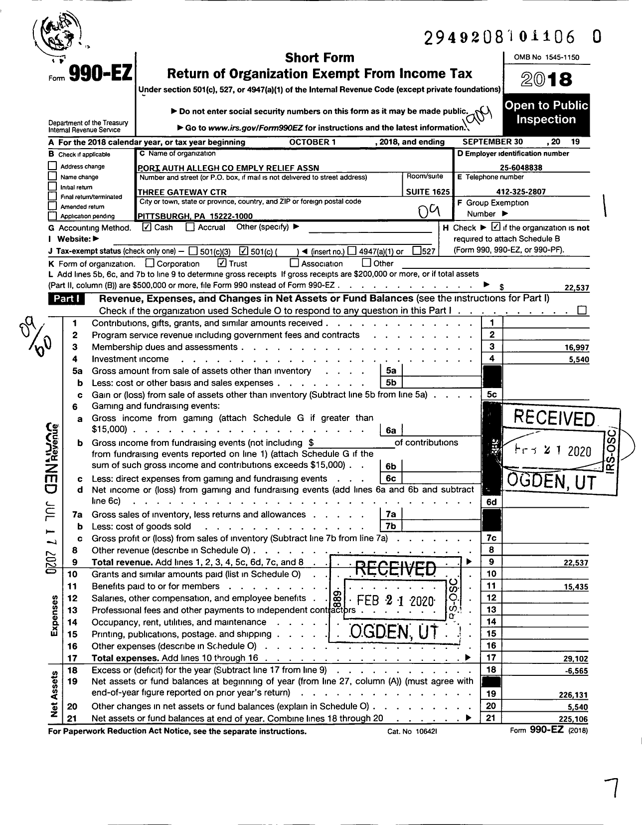 Image of first page of 2018 Form 990EO for Port Auth Allegheny County Empl Relief Association