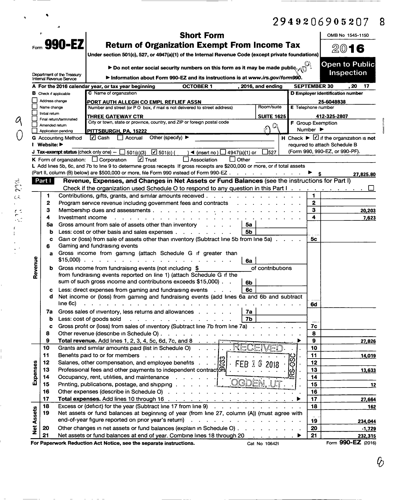 Image of first page of 2016 Form 990EO for Port Auth Allegheny County Empl Relief Association