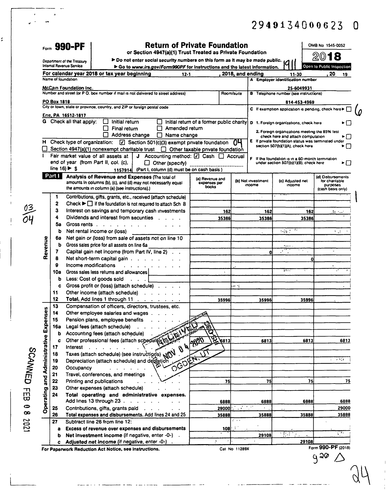 Image of first page of 2018 Form 990PF for Mccain Foundation