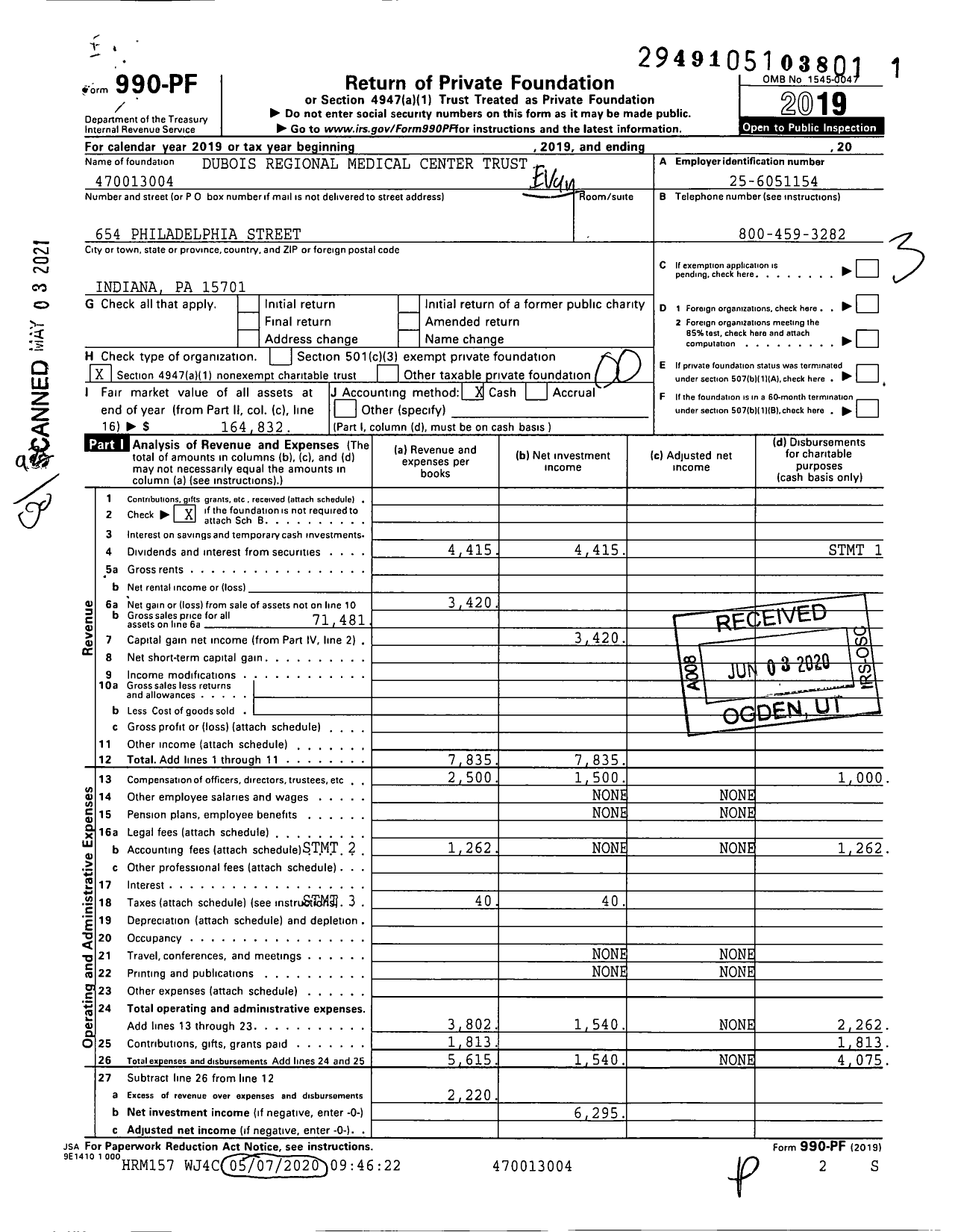 Image of first page of 2019 Form 990PF for Dubois Regional Medical Center Trust