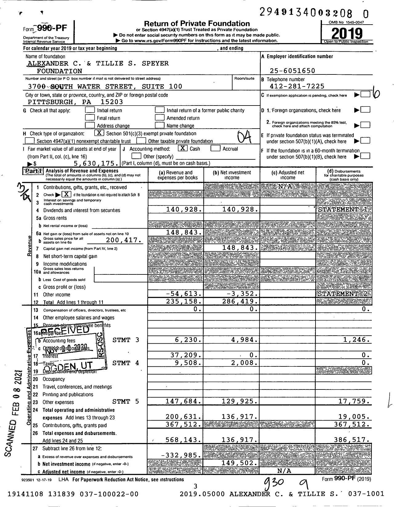 Image of first page of 2019 Form 990PF for Alexander C and Tillie S Speyer Foundation