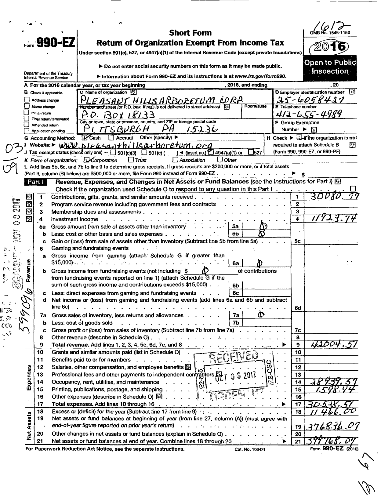 Image of first page of 2016 Form 990EO for Pleasant Hills Arboretum