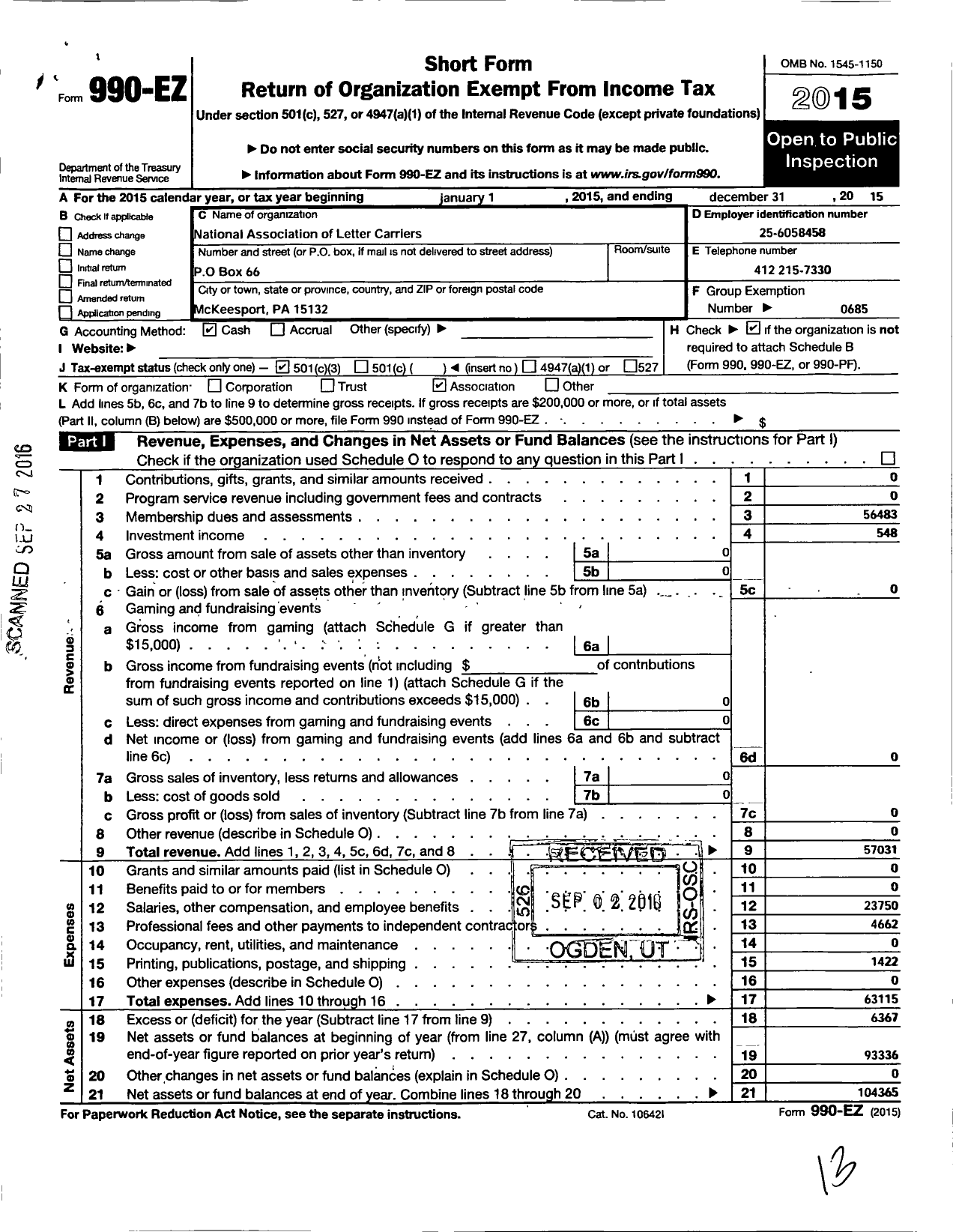 Image of first page of 2015 Form 990EZ for National Association of Letter Carriers