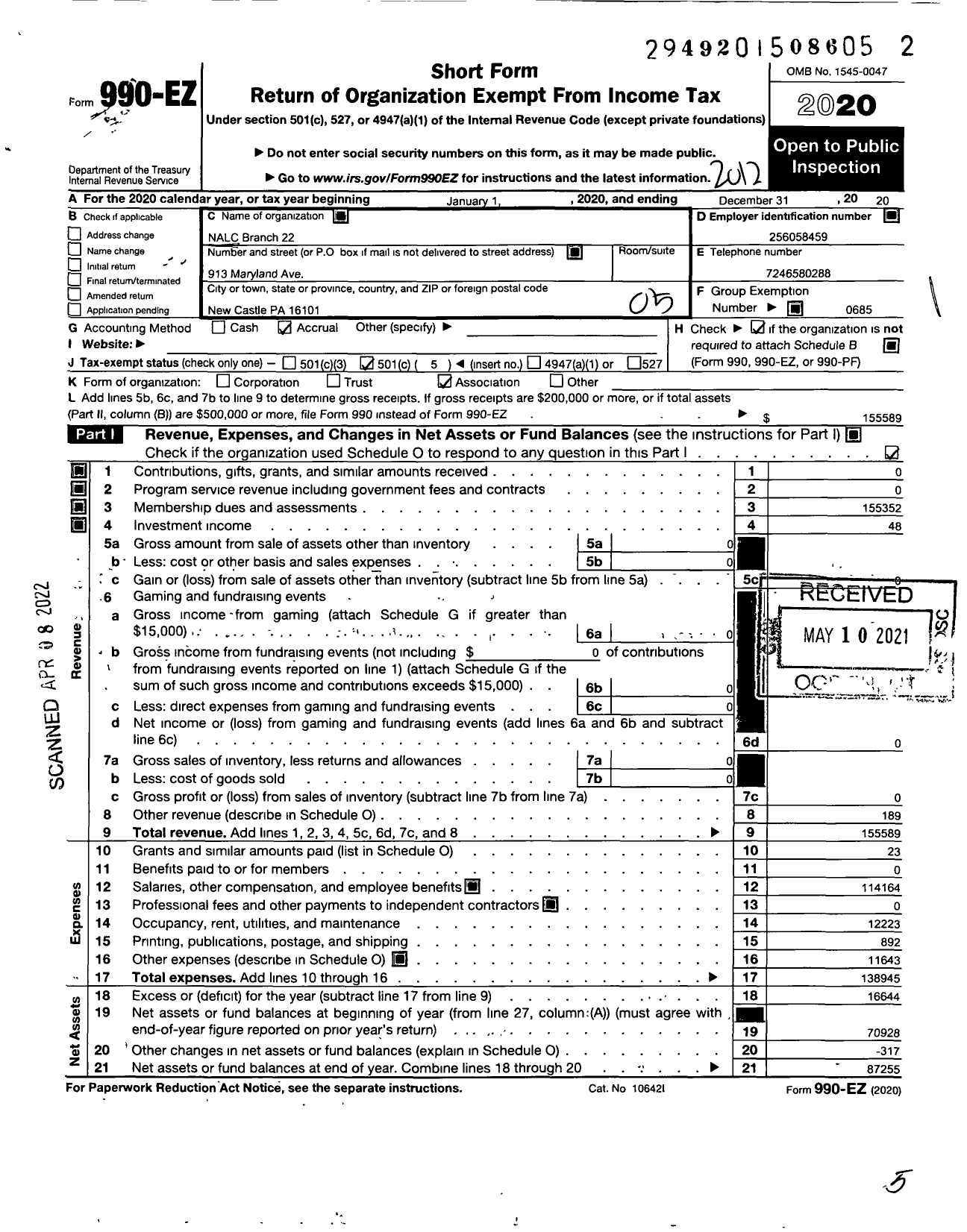 Image of first page of 2020 Form 990EO for National Association of Letter Carriers - 22 New Castle Pennsylvania