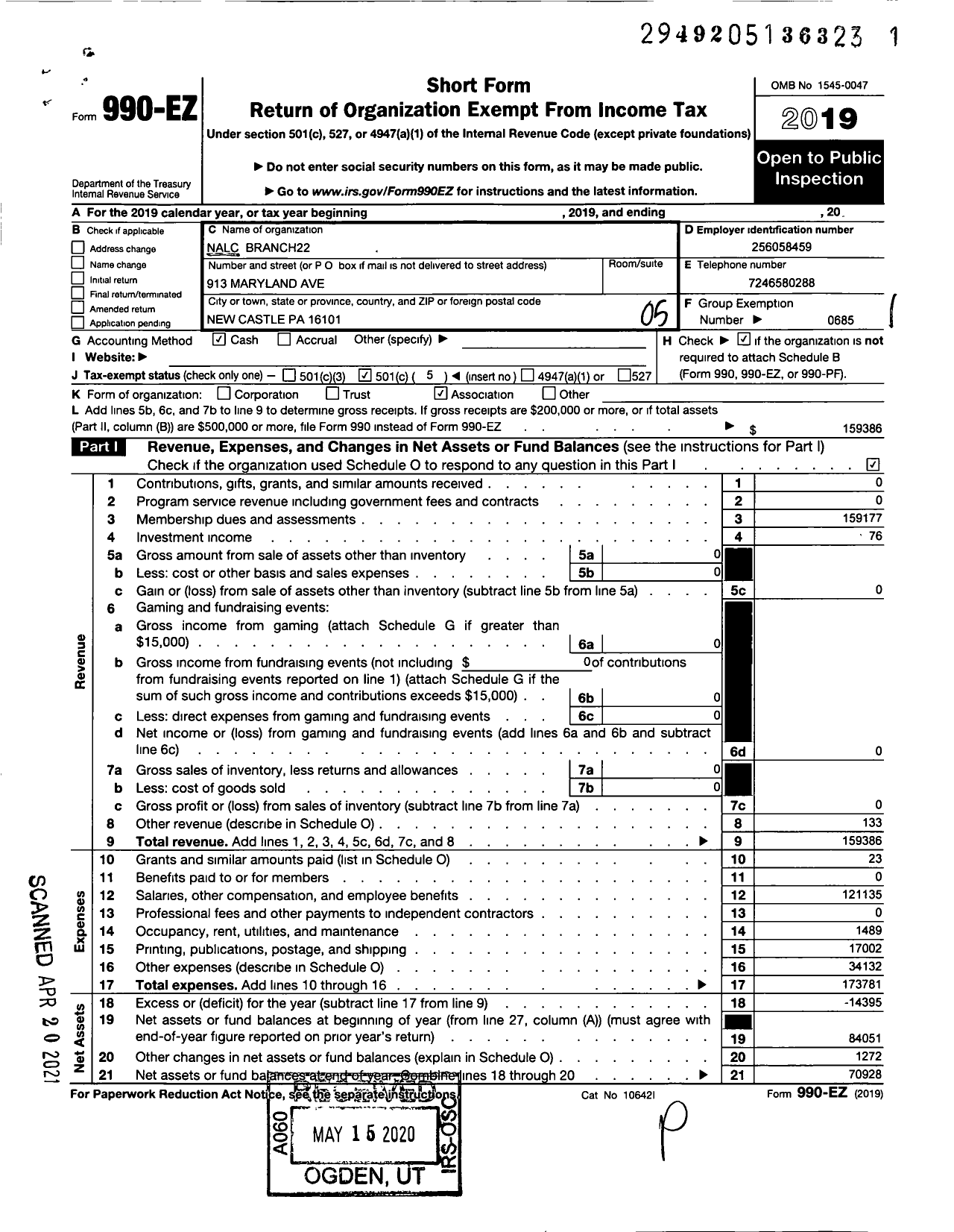 Image of first page of 2019 Form 990EO for National Association of Letter Carriers - 22 New Castle Pennsylvania