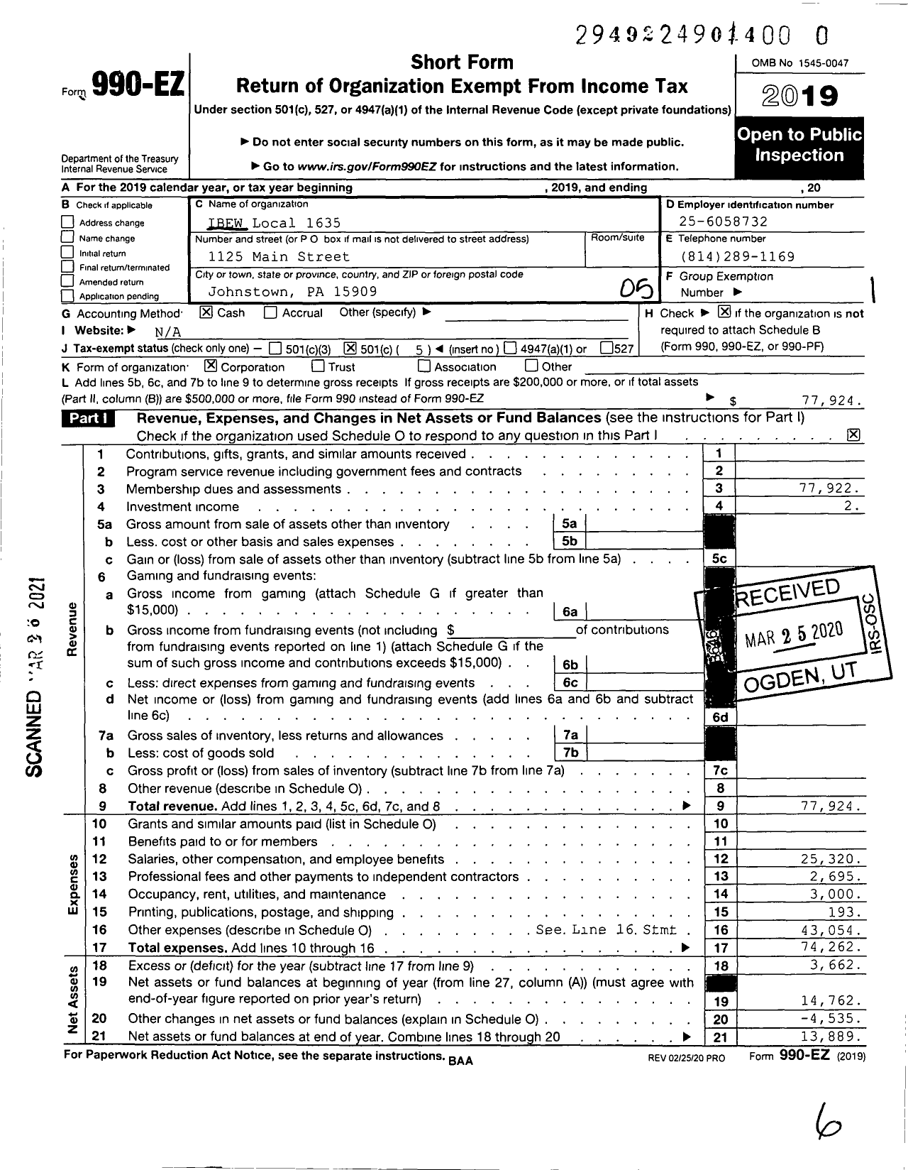 Image of first page of 2019 Form 990EO for International Brotherhood of Electrical Workers - 1635 Local Union