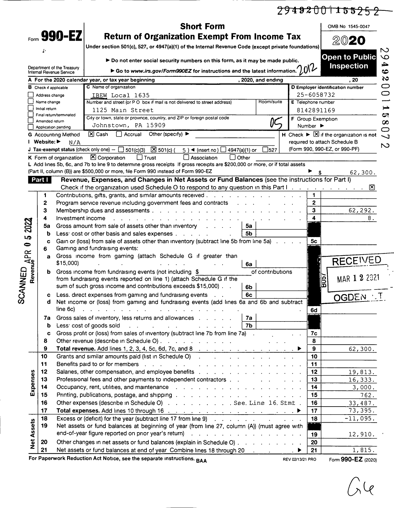 Image of first page of 2020 Form 990EO for International Brotherhood of Electrical Workers - 1635 Local Union