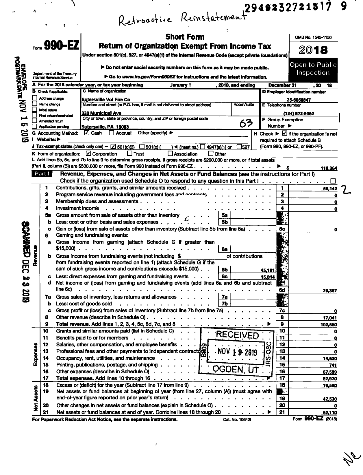 Image of first page of 2018 Form 990EZ for Sutersville Volunteer Fire