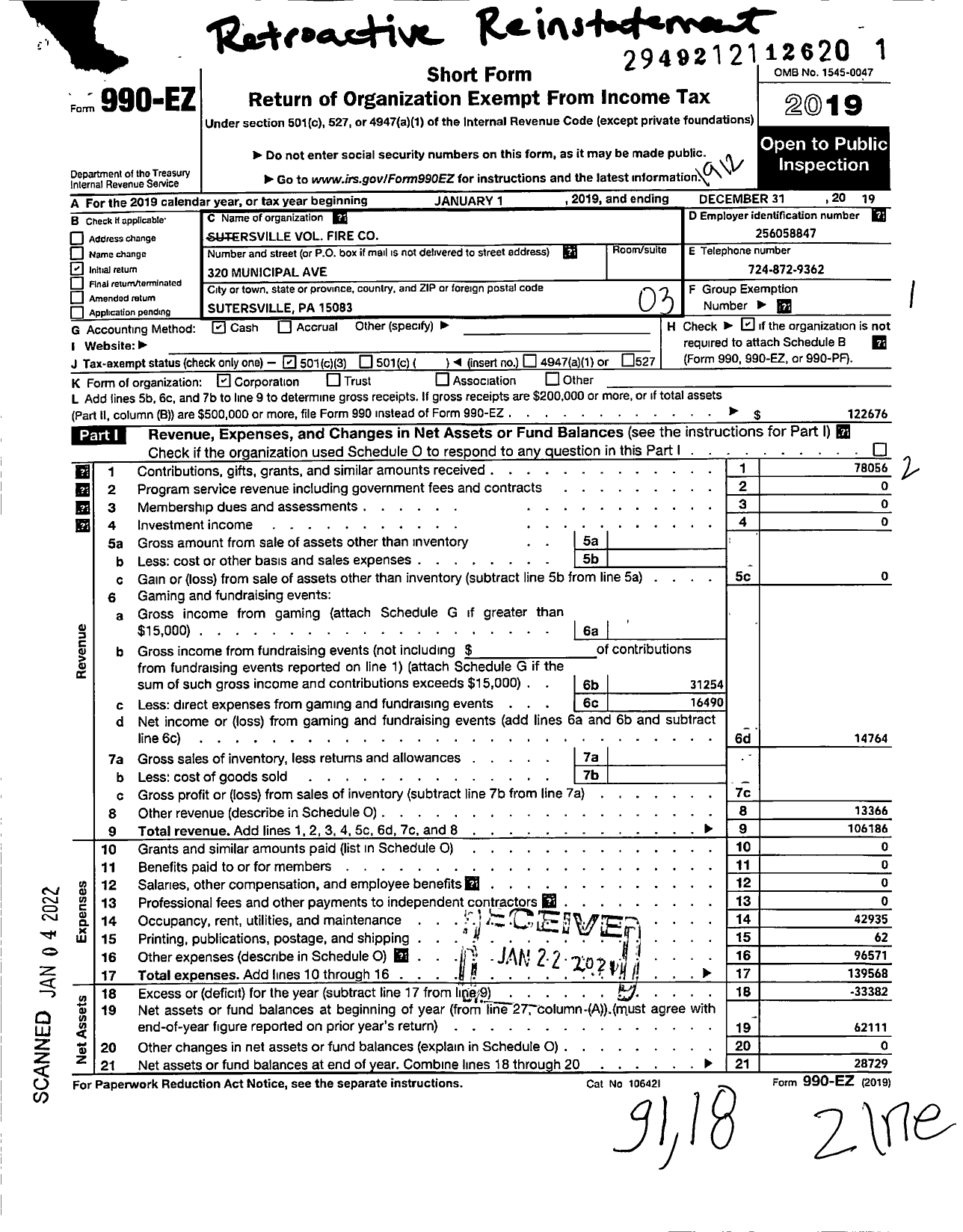 Image of first page of 2019 Form 990EZ for Sutersville Volunteer Fire